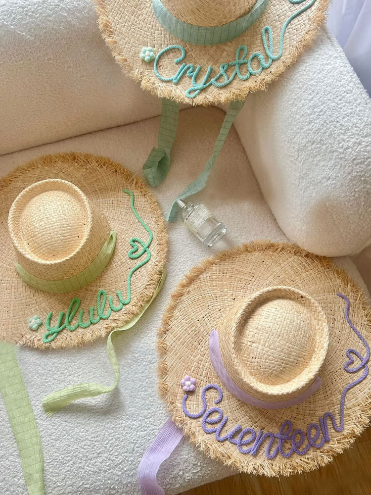 Custom Name Embroidered Straw Sun Hat - Personalized Frayed Brim Beach Hat with Ribbon - Summer Vacation Accessory