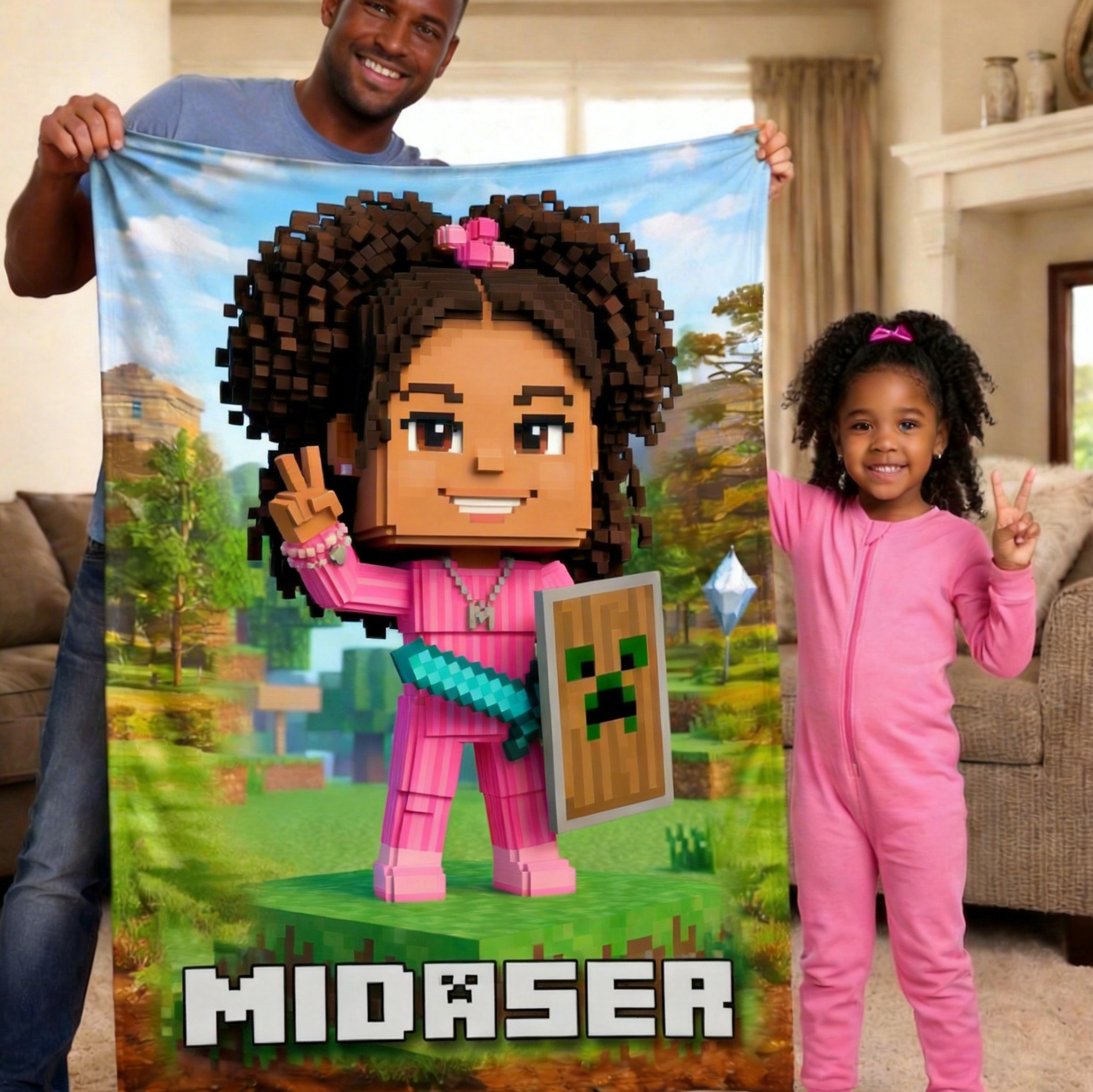 Custom Pixel Block Avatar Blanket | Gamer "Craft World" Style | Personalized Kids & Pets Gift