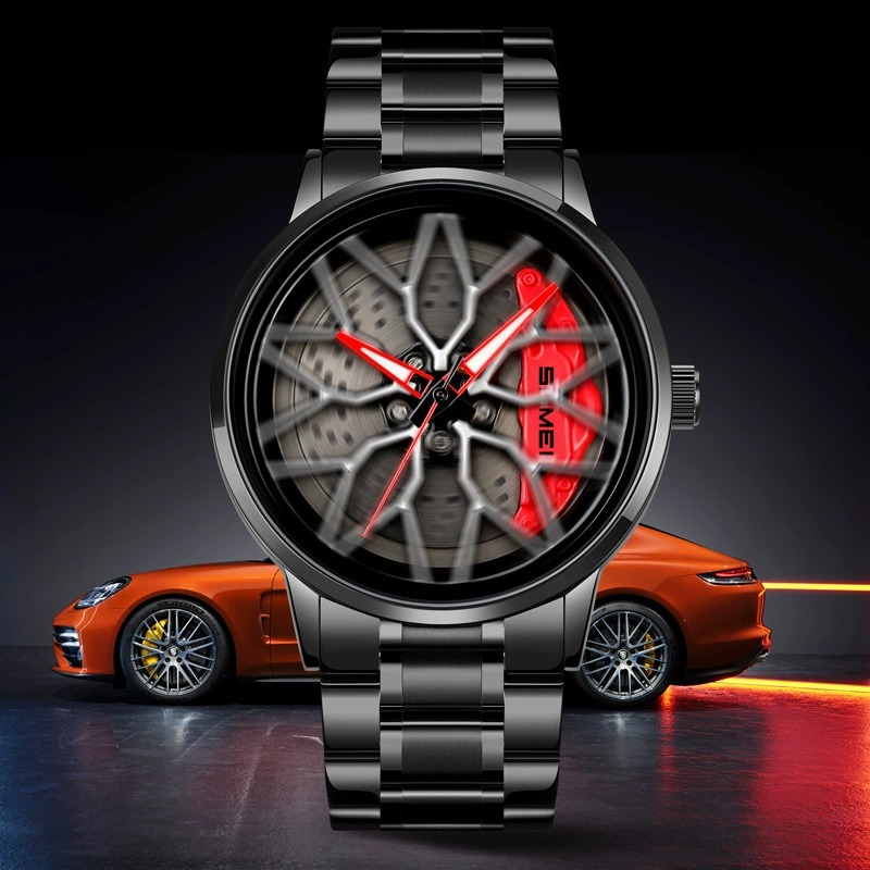 3D Supercar Wheel Hub Watch | Waterproof Sports Watch with Red Brake Caliper Design
