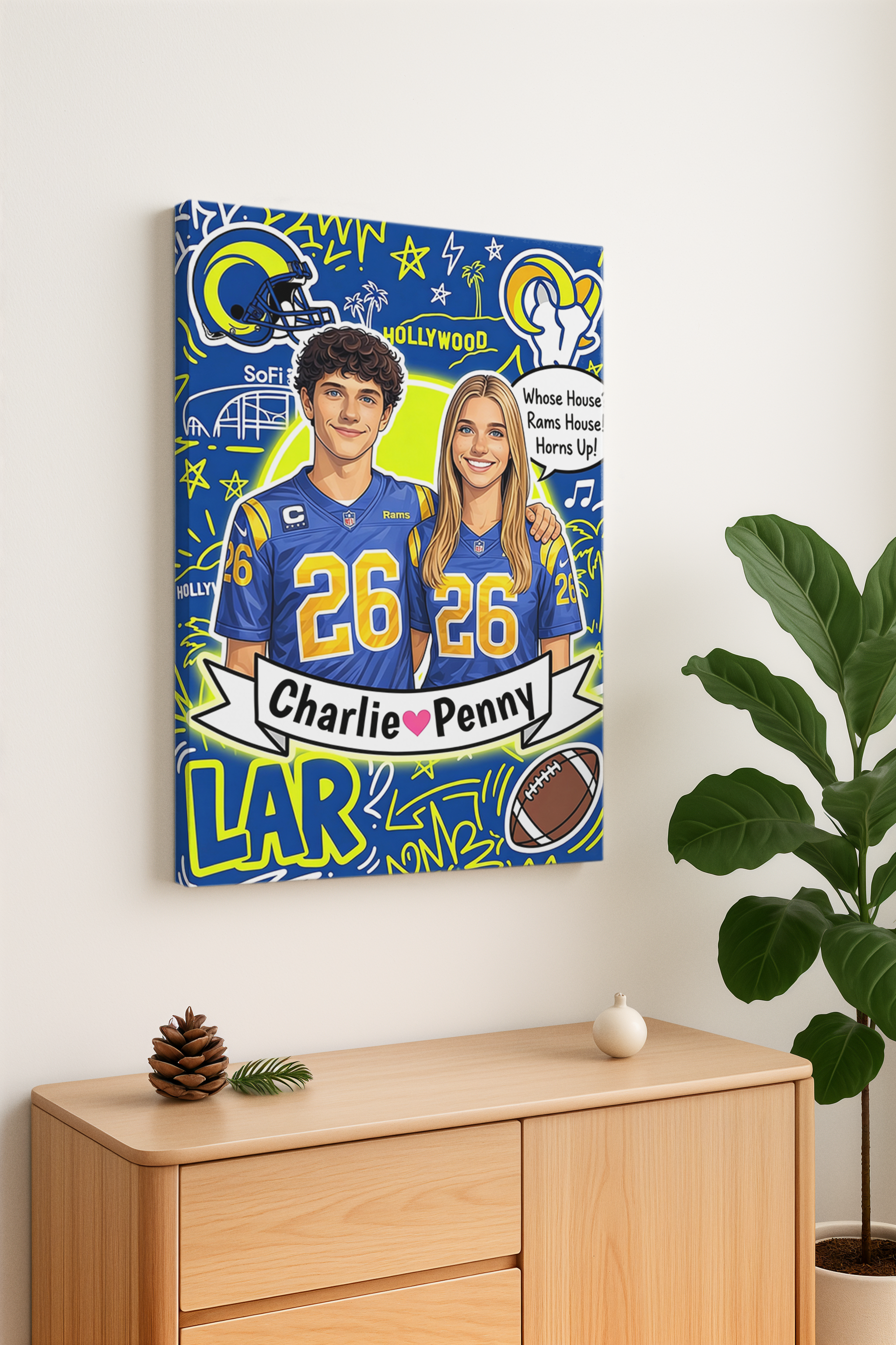 Custom American football-themed portrait frames and canvases – hand-painted decorative murals by the artist.