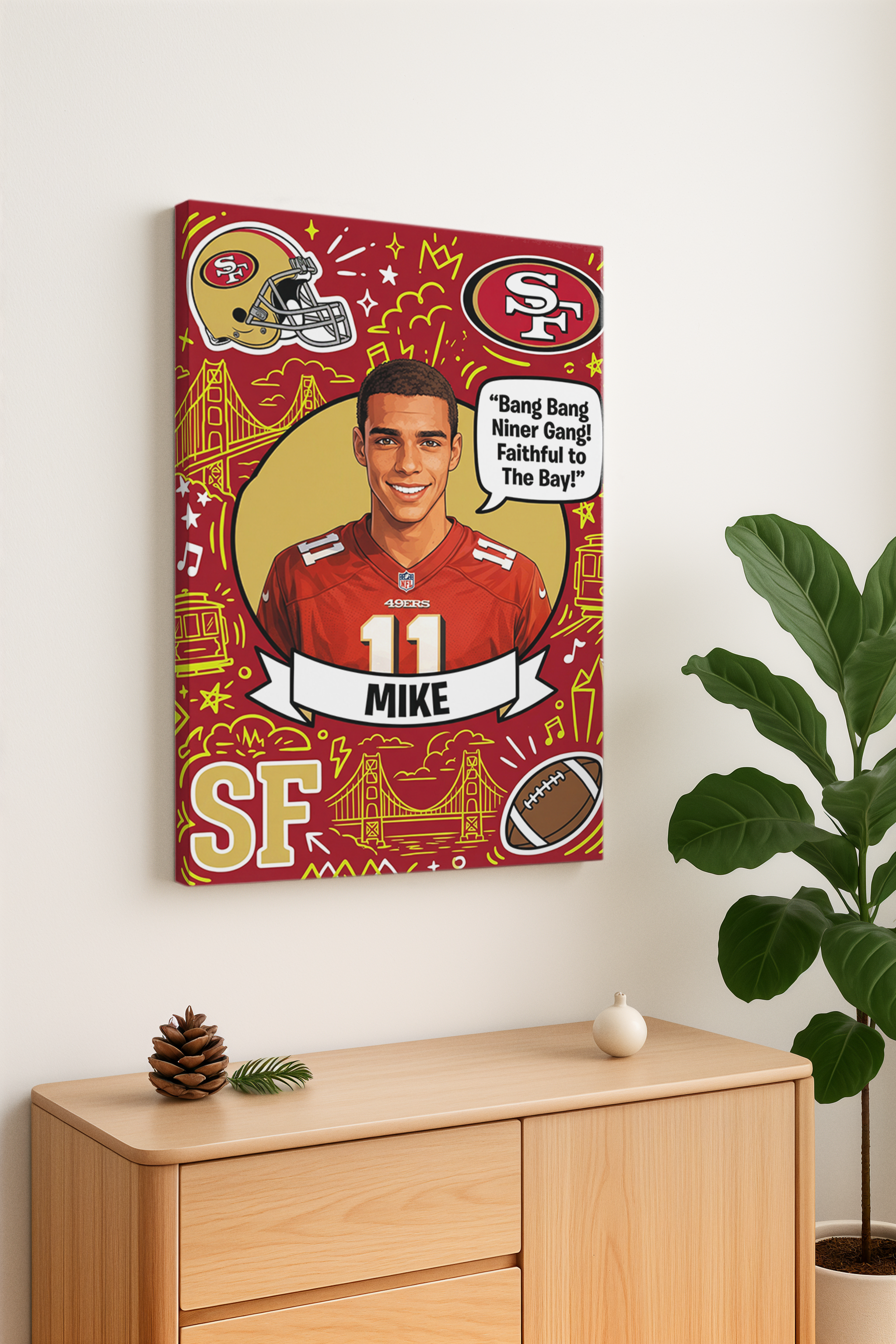Custom American football-themed portrait frames and canvases – hand-painted decorative murals by the artist.