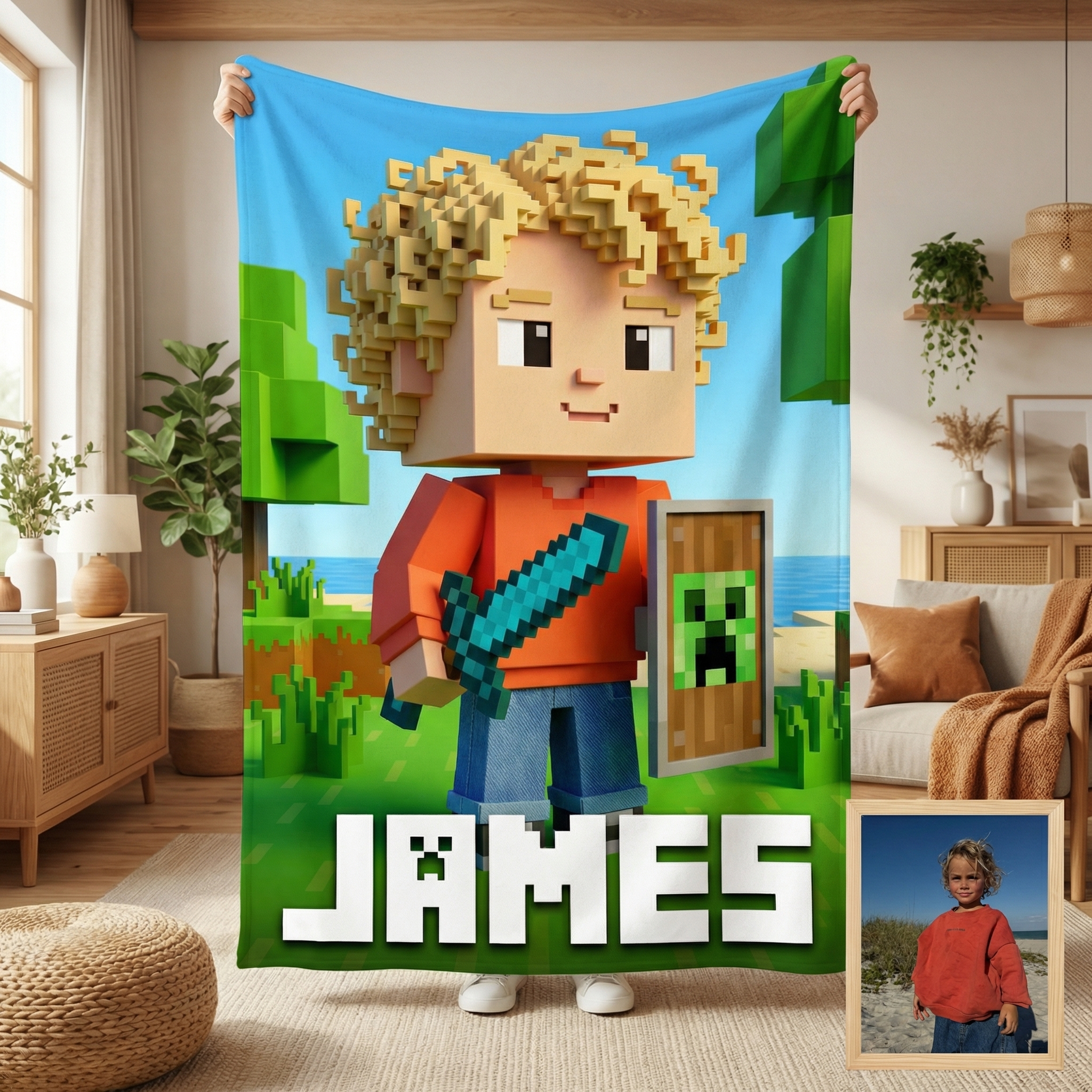 Custom Pixel Block Avatar Blanket | Gamer "Craft World" Style | Personalized Kids & Pets Gift
