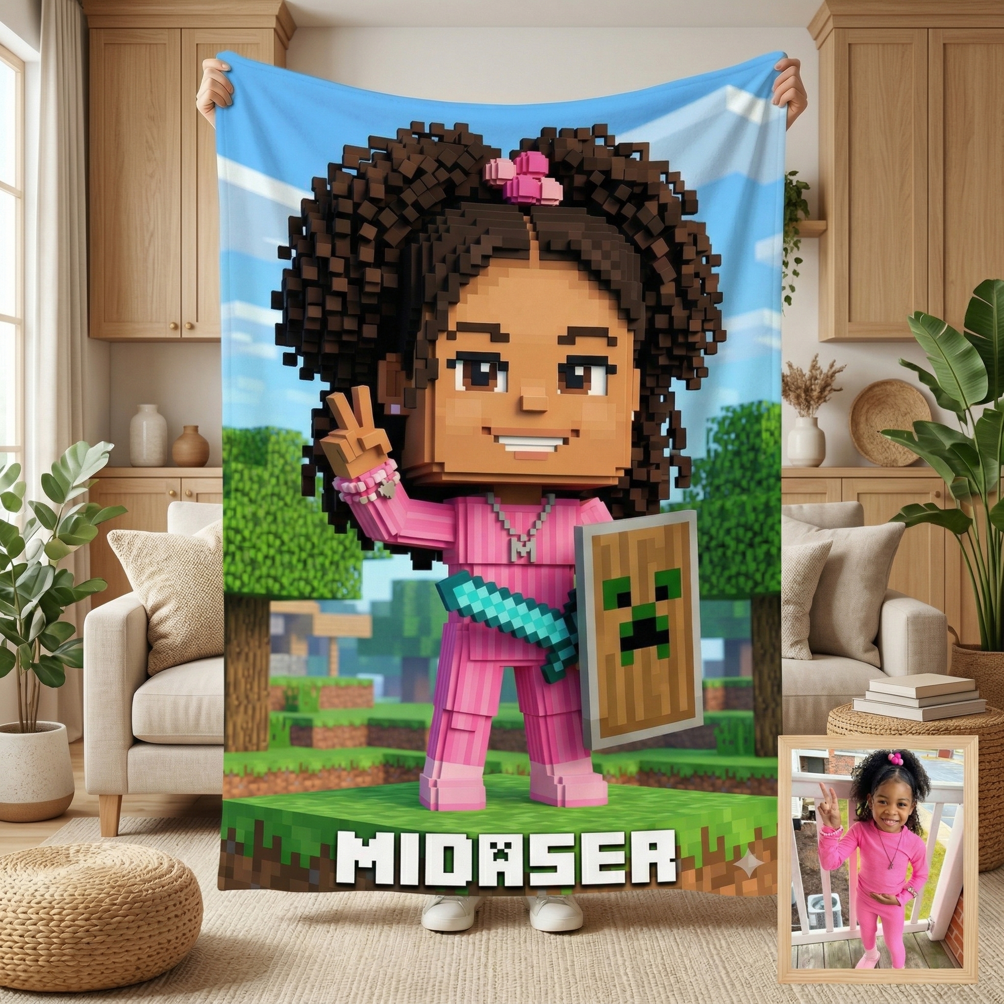Custom Pixel Block Avatar Blanket | Gamer "Craft World" Style | Personalized Kids & Pets Gift
