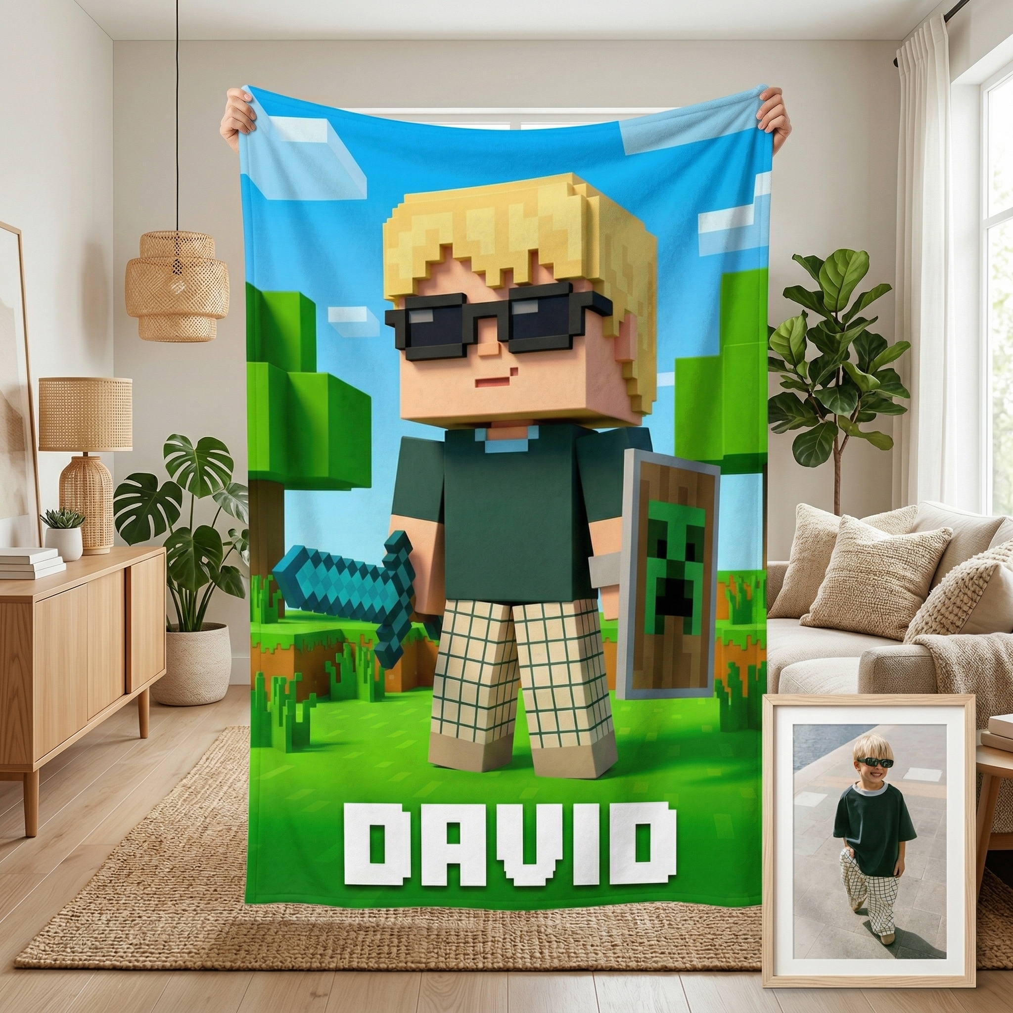 Custom Pixel Block Avatar Blanket | Gamer "Craft World" Style | Personalized Kids & Pets Gift