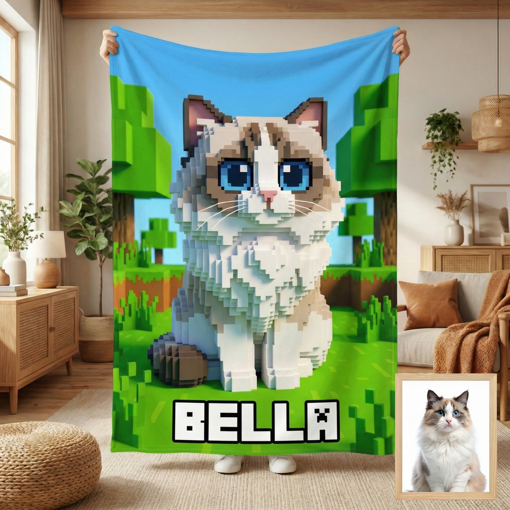 Custom Pixel Block Avatar Blanket | Gamer "Craft World" Style | Personalized Kids & Pets Gift