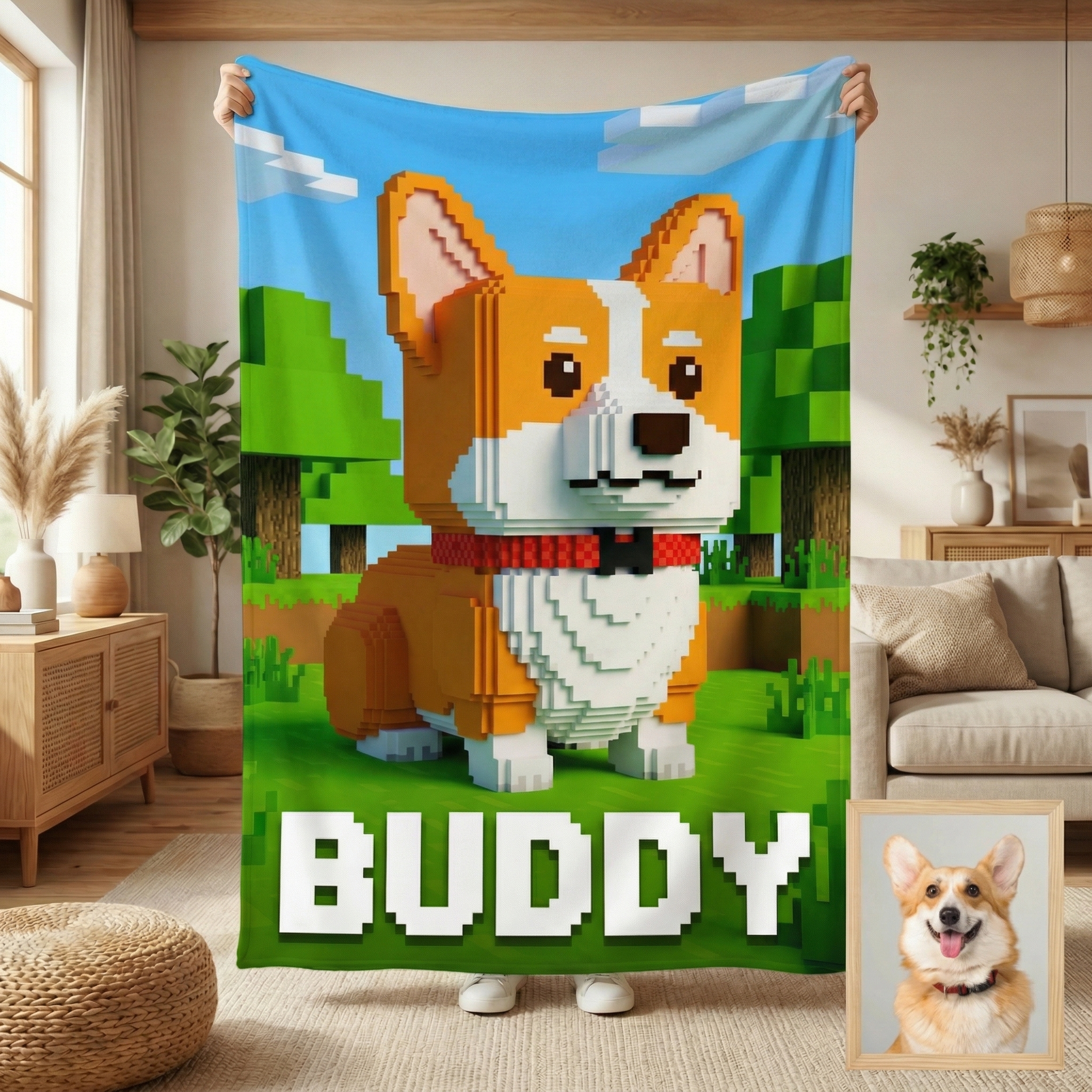 Custom Pixel Block Avatar Blanket | Gamer "Craft World" Style | Personalized Kids & Pets Gift