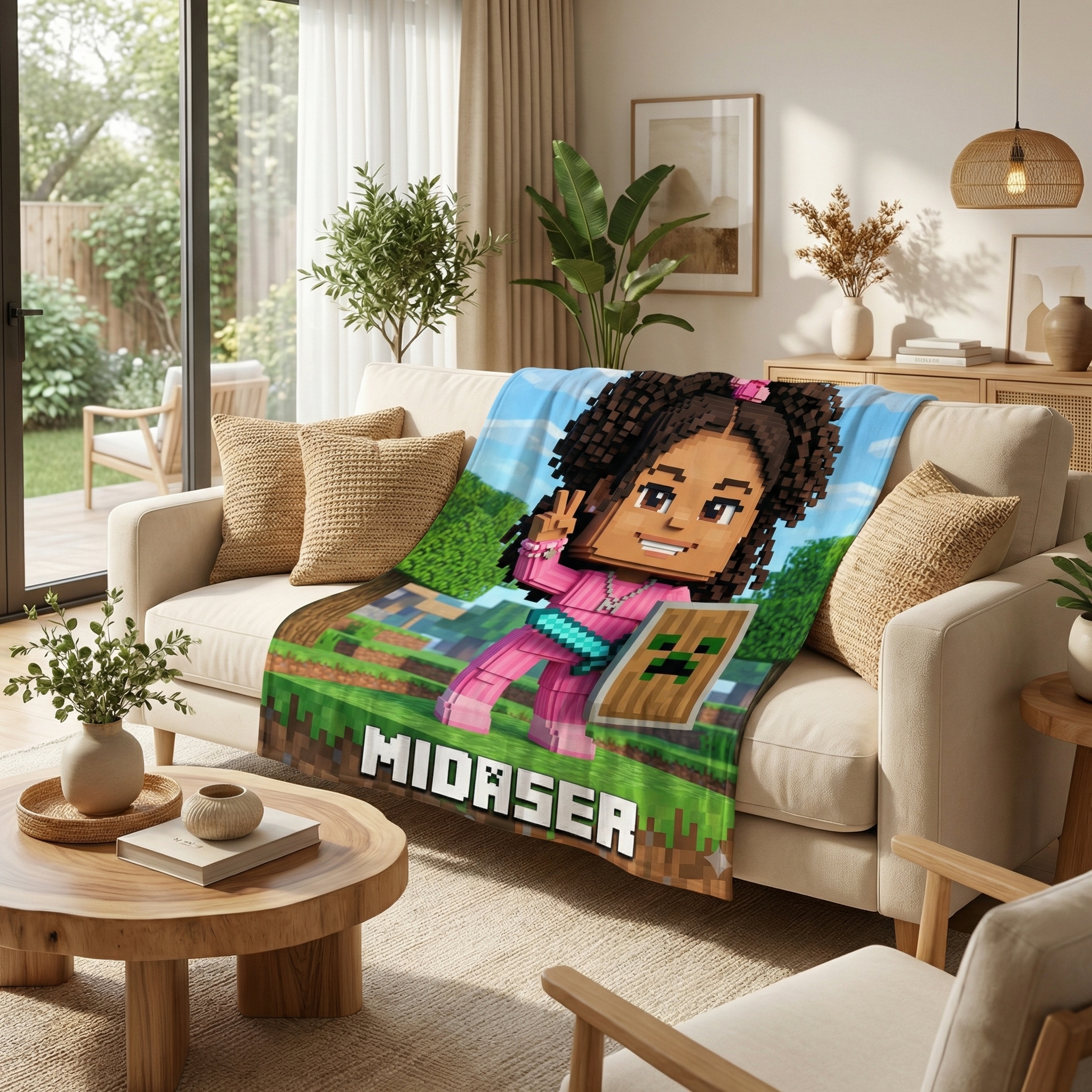 Custom Pixel Block Avatar Blanket | Gamer "Craft World" Style | Personalized Kids & Pets Gift