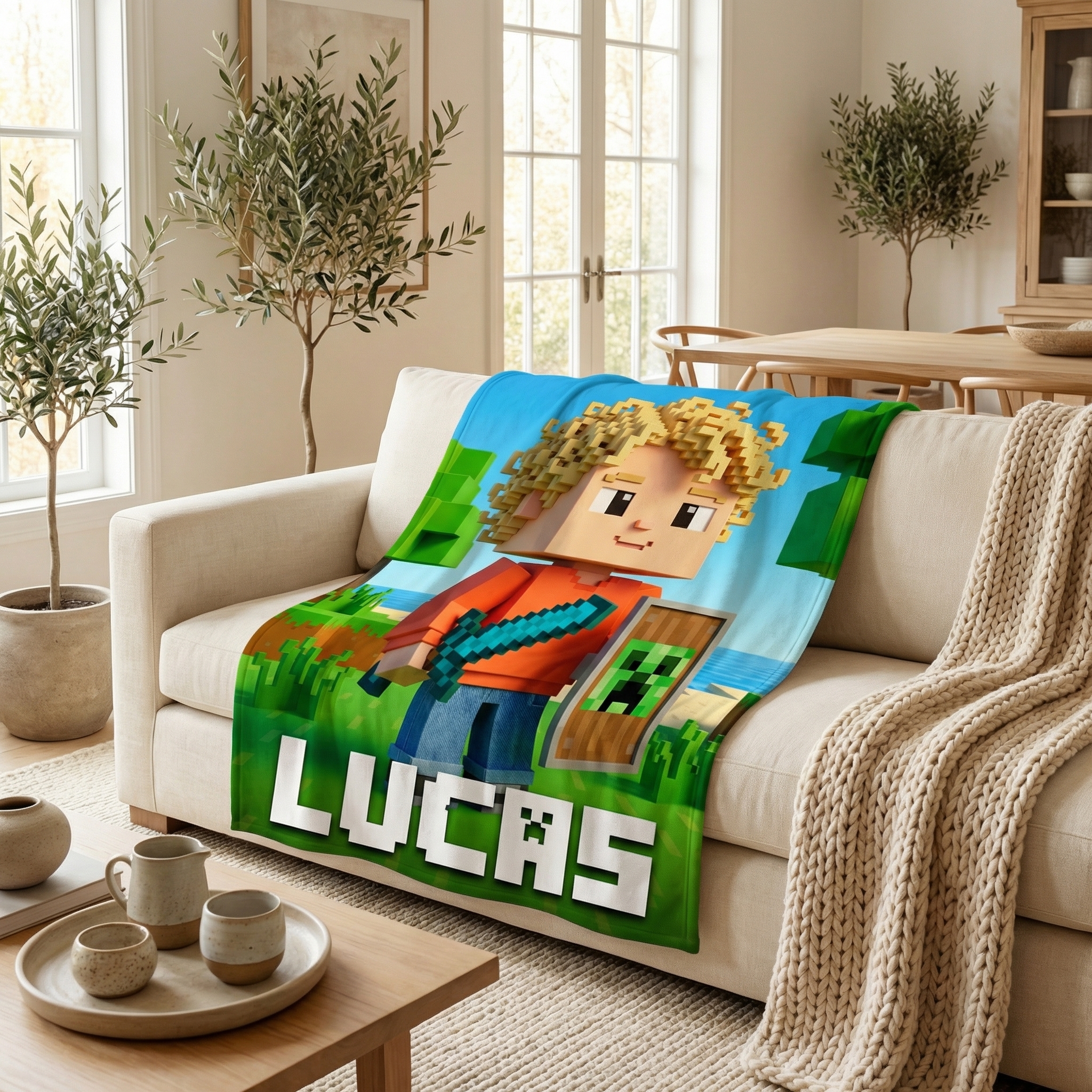 Custom Pixel Block Avatar Blanket | Gamer "Craft World" Style | Personalized Kids & Pets Gift