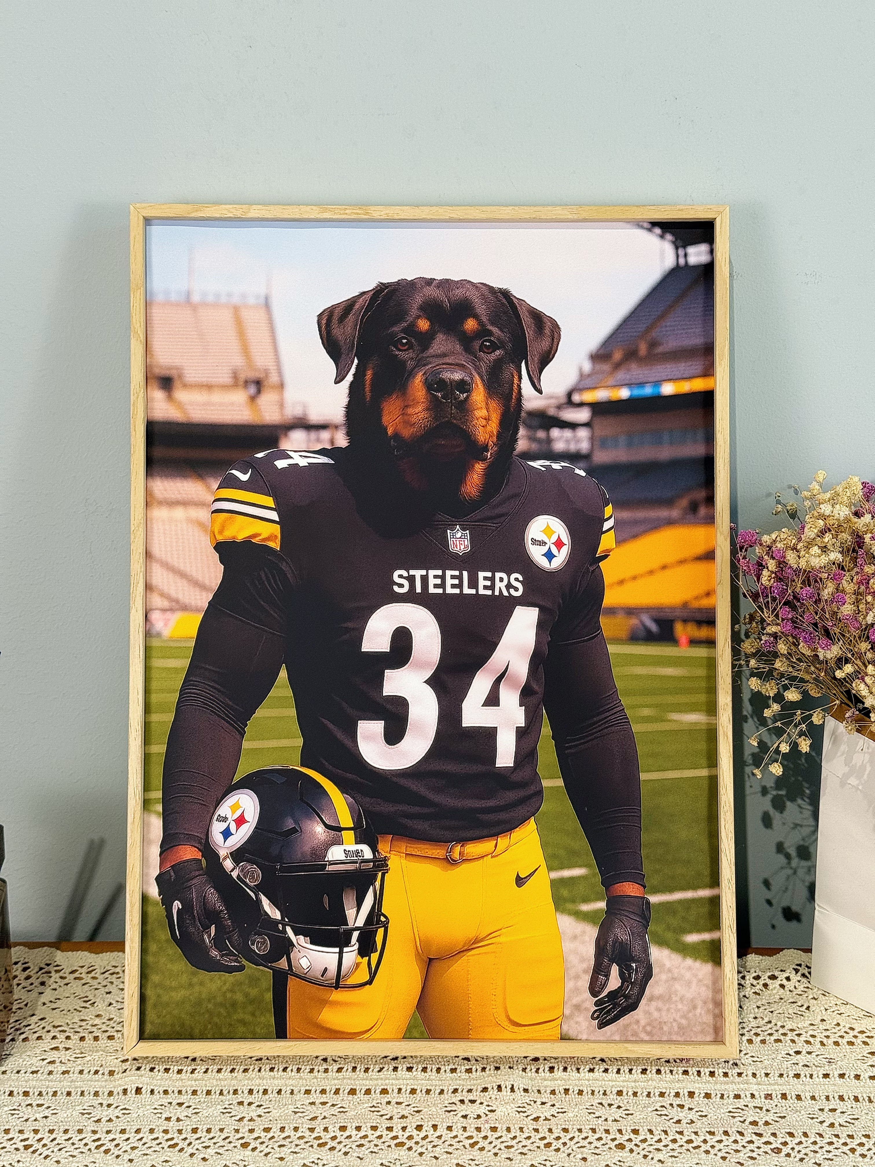 Custom American Football Pet Portrait Frame&Canvas – Artist Hand-Designed Decorative Wall Art