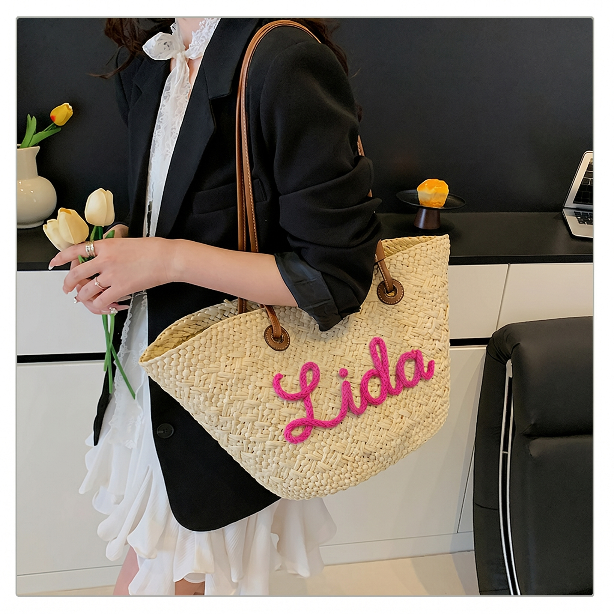 Personalized Gift: Custom Embroidery Name Straw Bag - The Ultimate Summer Vacation Essential & Bridesmaid Proposal Gift