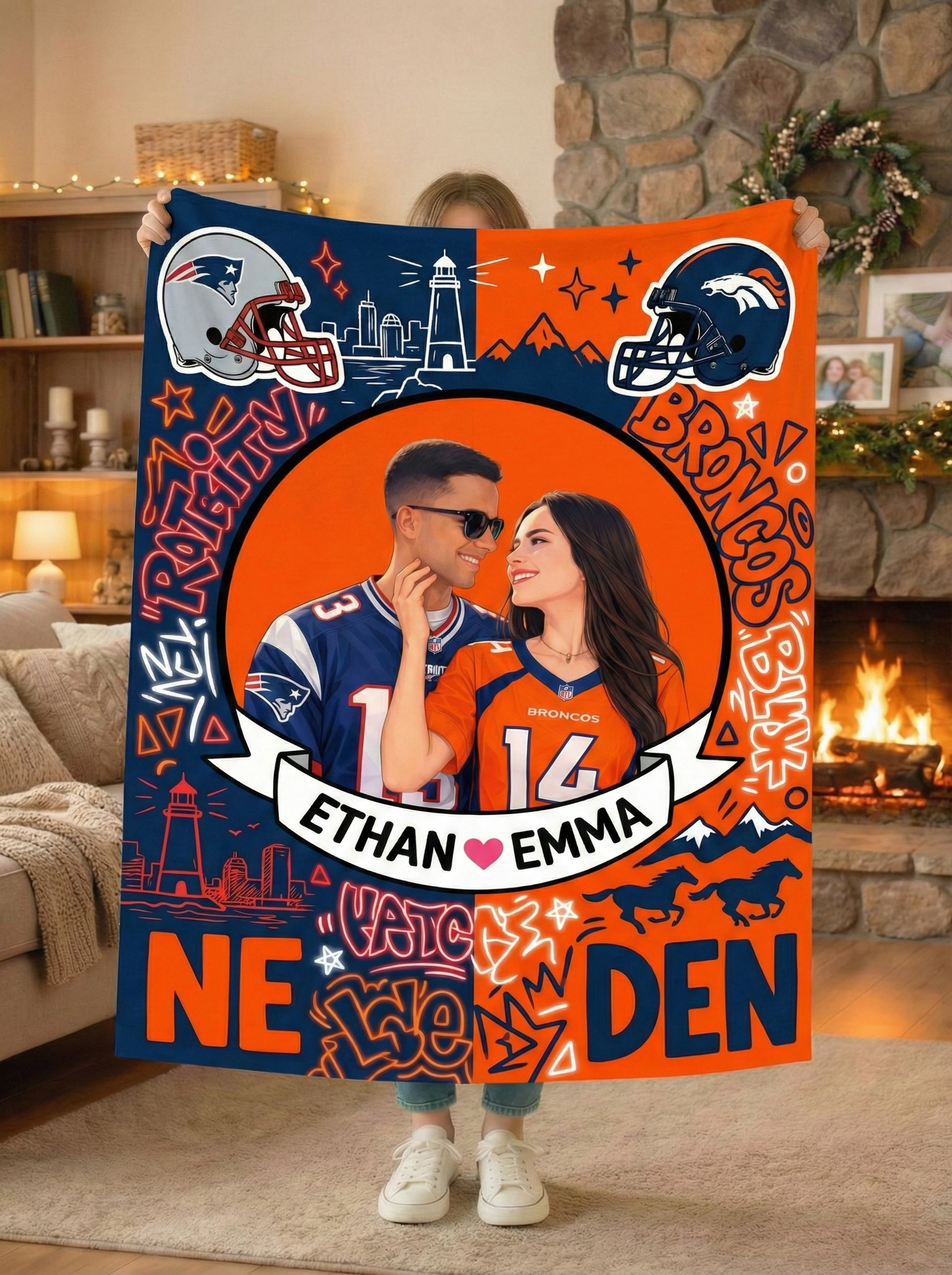 Custom House Divided Blanket - 2 Teams Split Design (GTA Style) - Personalized NFL Gift for Couples