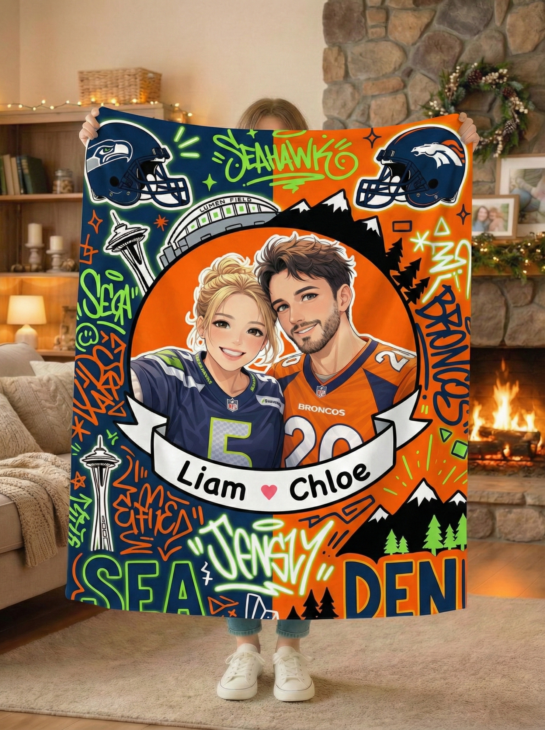 Custom House Divided Blanket - 2 Teams Split Design (GTA Style) - Personalized NFL Gift for Couples