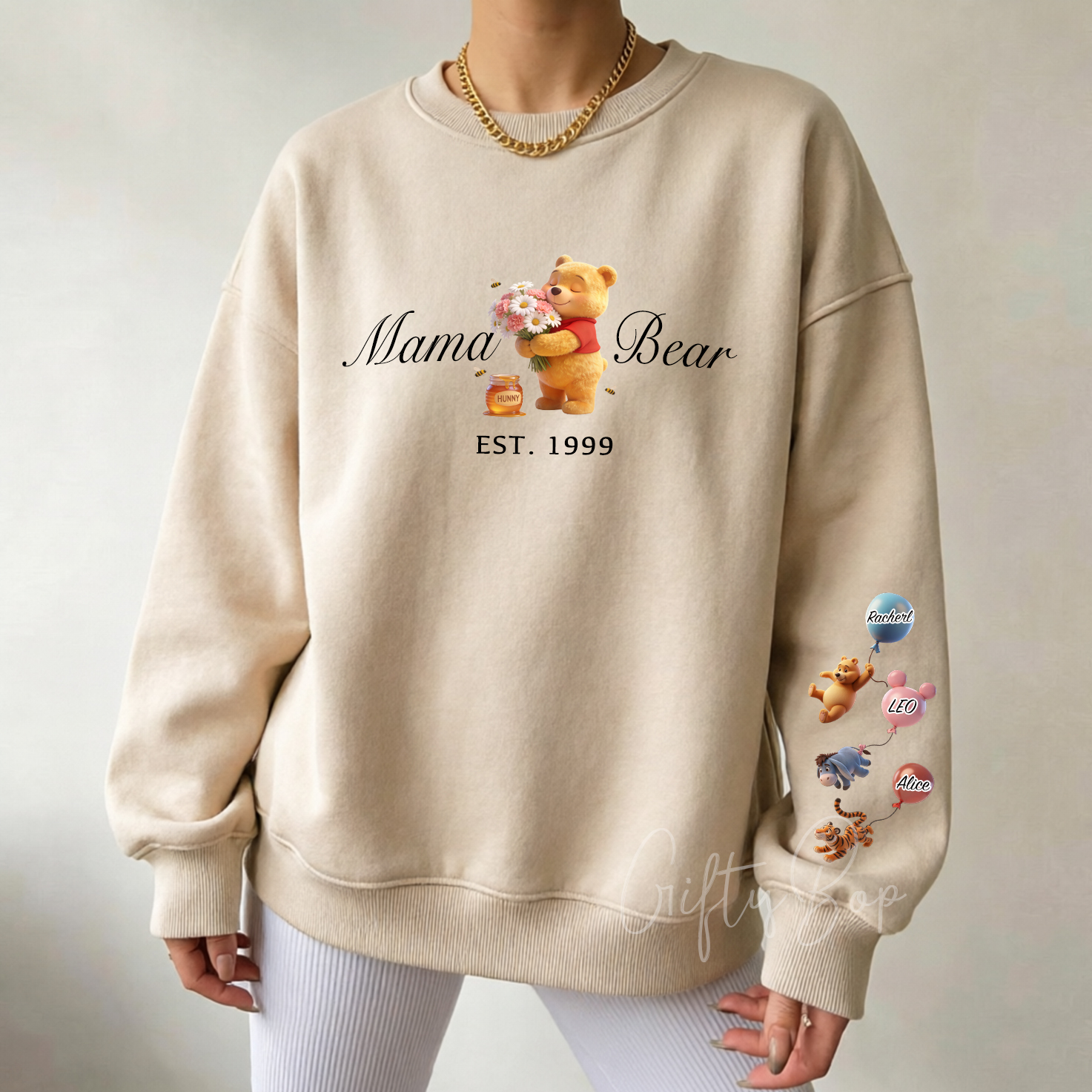 Custom Mama Flower Bear Crewneck Hoodie With Kids Names - Personalized Sweatshirt Mother's Day Gift