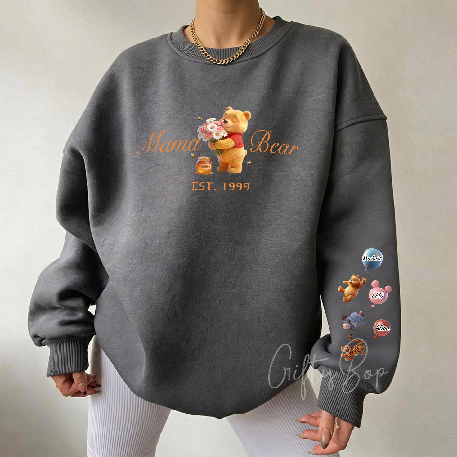 Custom Mama Flower Bear Crewneck Hoodie With Kids Names - Personalized Sweatshirt Mother's Day Gift
