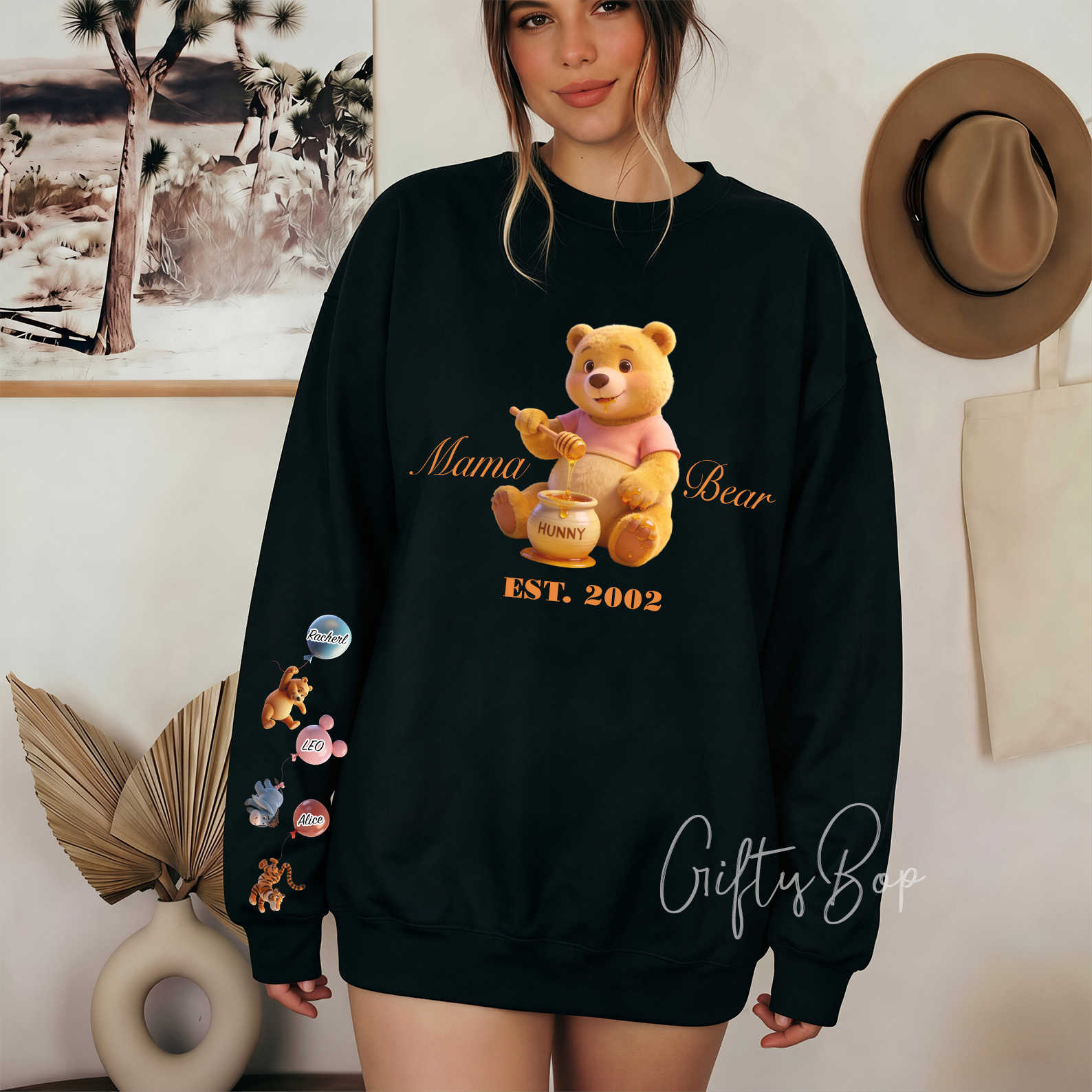 Custom Mama Hunny Bear Crewneck Hoodie With Kids Names - Personalized Sweatshirt Mother's Day Gift