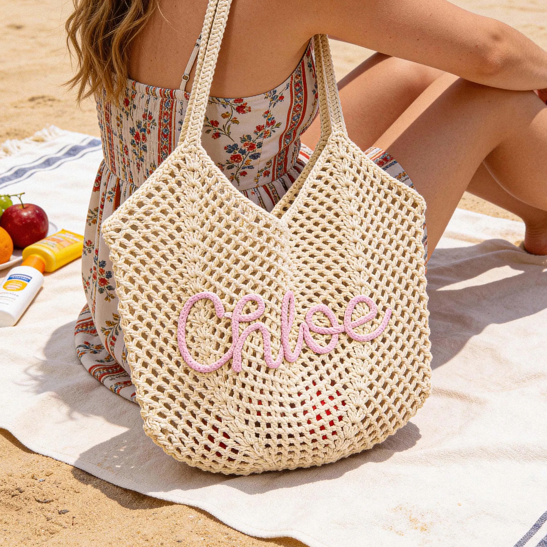 Custom Name Hand-Woven Beach Tote 🌿 Lightweight Crochet Shoulder Bag