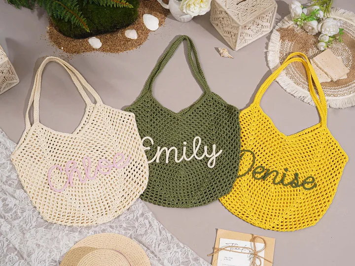 Custom Name Hand-Woven Beach Tote 🌿 Lightweight Crochet Shoulder Bag