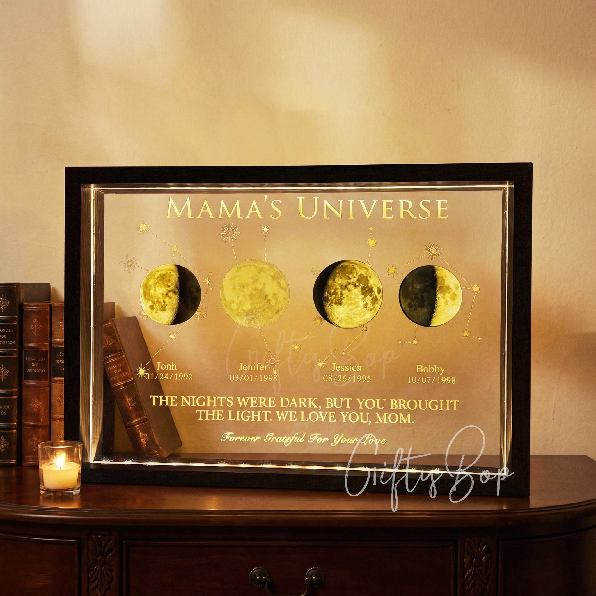 Mama's Universe LED- Personalized Moon Phase & Star Sing LED Frames | Mother's Day Gift