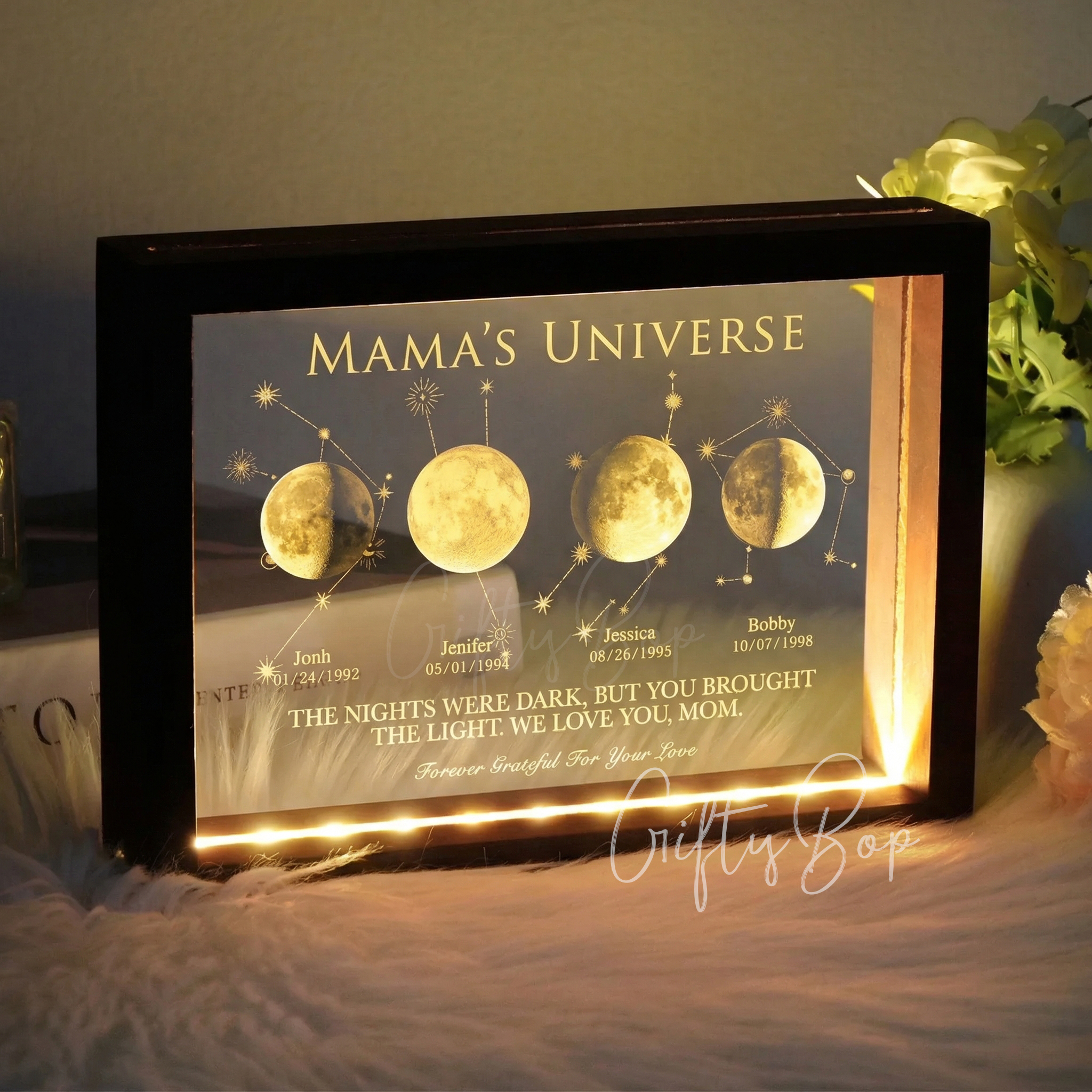 Mama's Universe LED- Personalized Moon Phase & Star Sing LED Frames | Mother's Day Gift