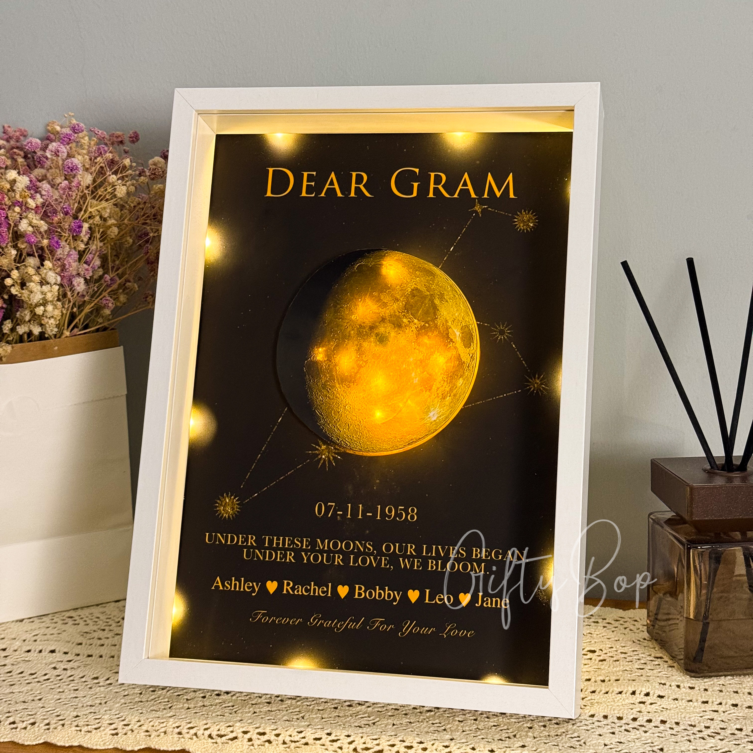 Mama's Moon Box- Personalized Moon Phase & Star Sing LED Shadow Box | Mother's Day Gift