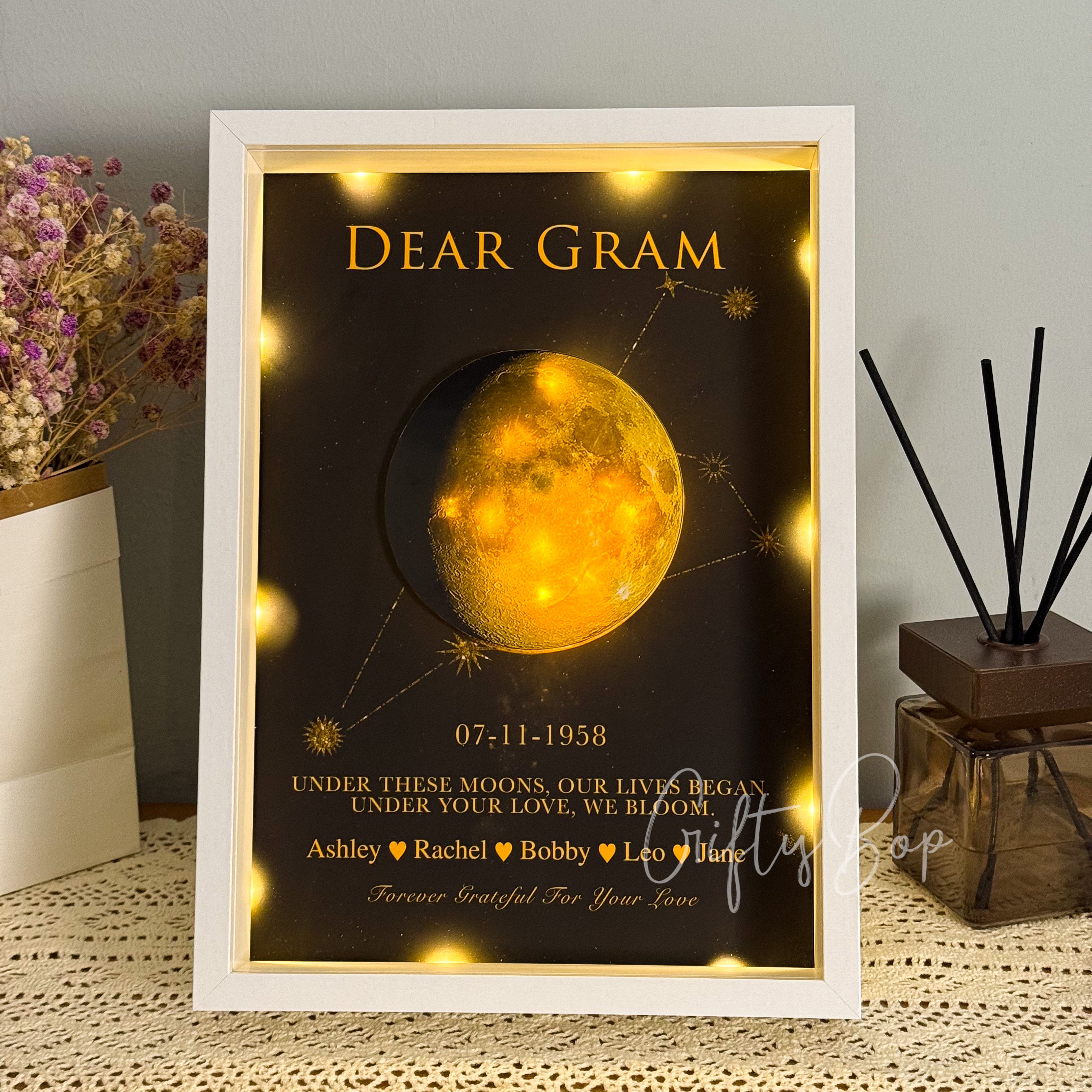 Mama's Moon Box- Personalized Moon Phase & Star Sing LED Shadow Box | Mother's Day Gift