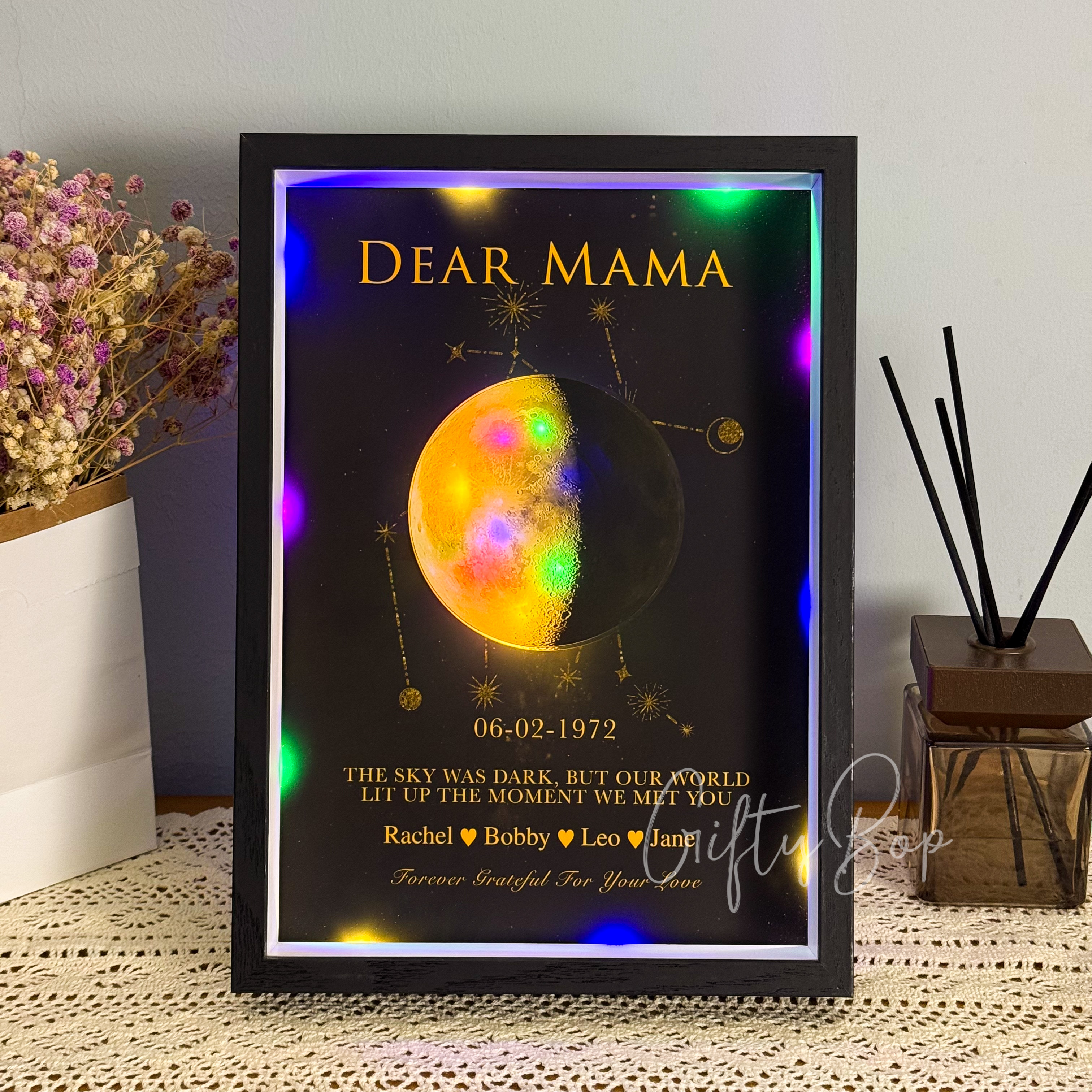 Mama's Moon Box- Personalized Moon Phase & Star Sing LED Shadow Box | Mother's Day Gift