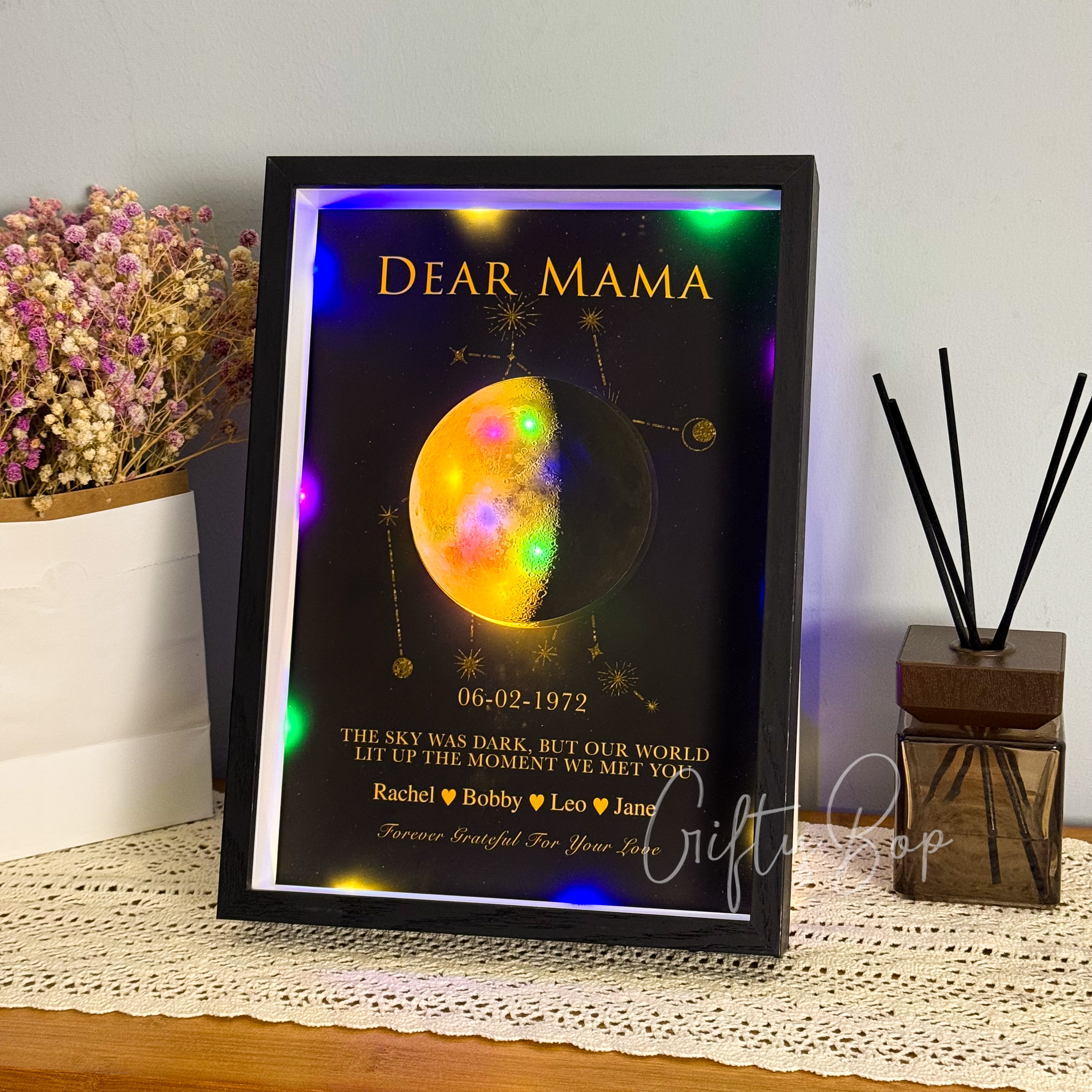 Mama's Moon Box- Personalized Moon Phase & Star Sing LED Shadow Box | Mother's Day Gift