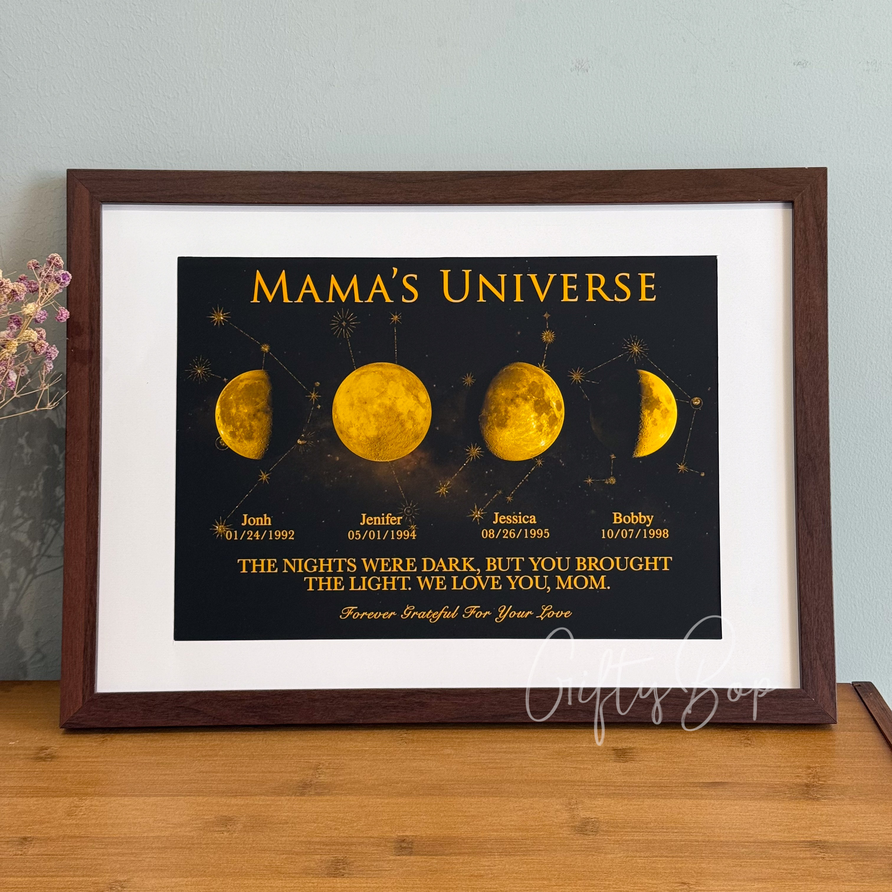 "Mama's Universe" Custom Multi-Moon Phase & Zodiac Framed Art | Personalized Names Birthday Zodiac Gift For Mother's Day