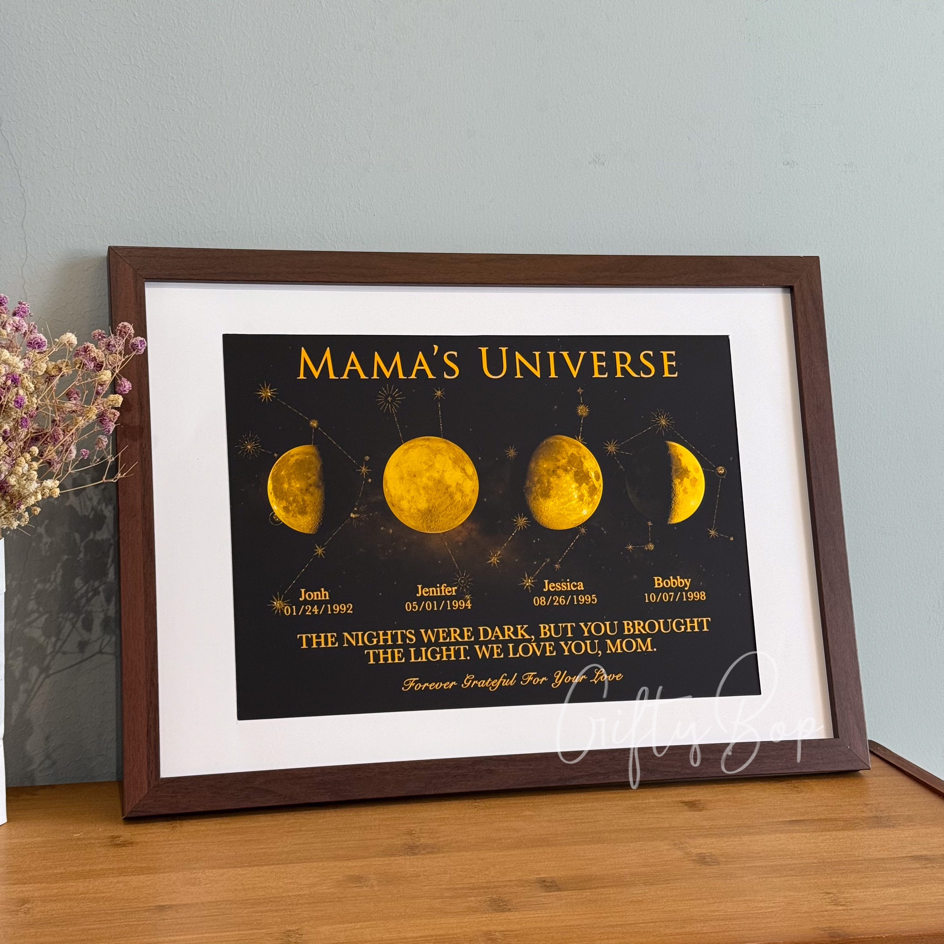 "Mama's Universe" Custom Multi-Moon Phase & Zodiac Framed Art | Personalized Names Birthday Zodiac Gift For Mother's Day