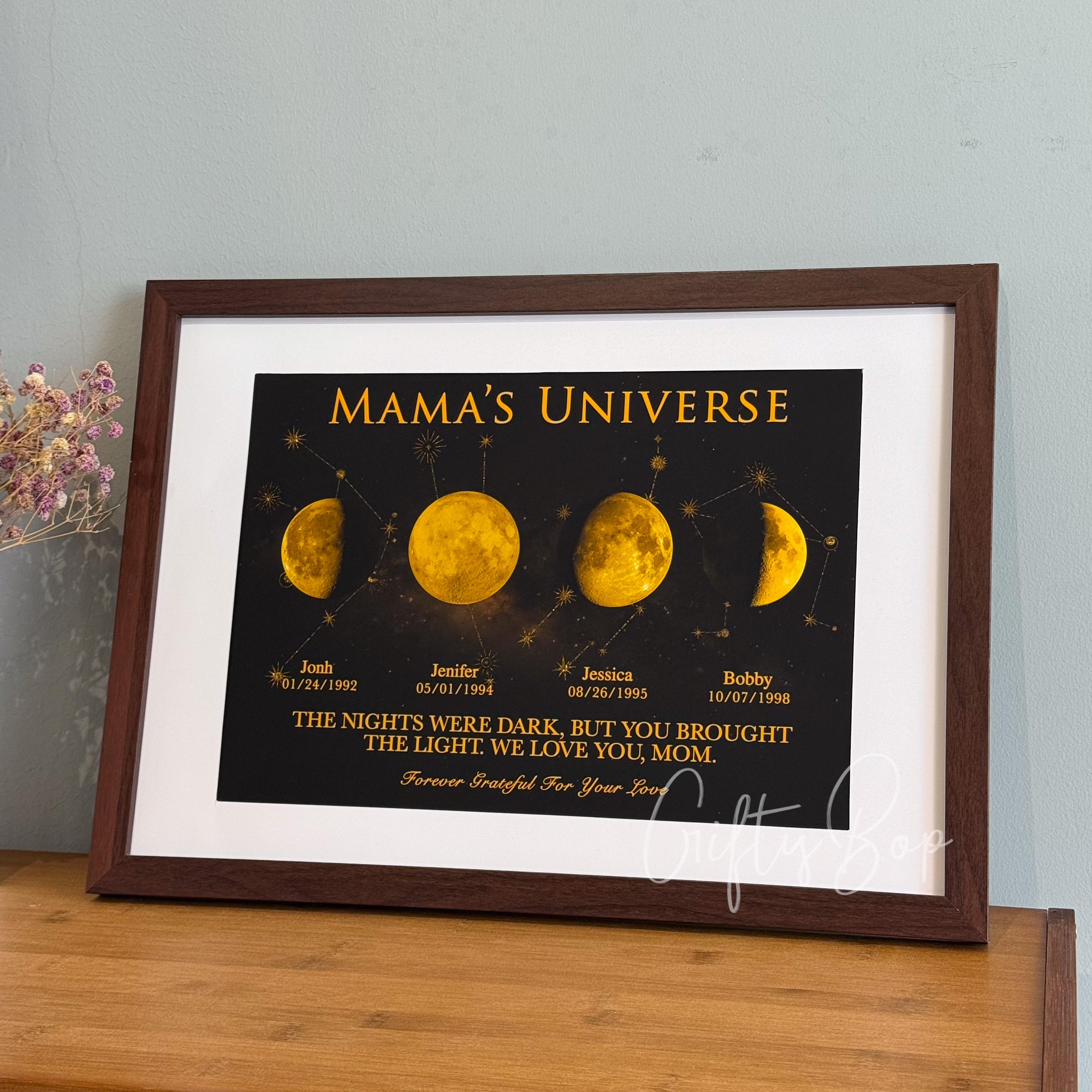 "Mama's Universe" Custom Multi-Moon Phase & Zodiac Framed Art | Personalized Names Birthday Zodiac Gift For Mother's Day