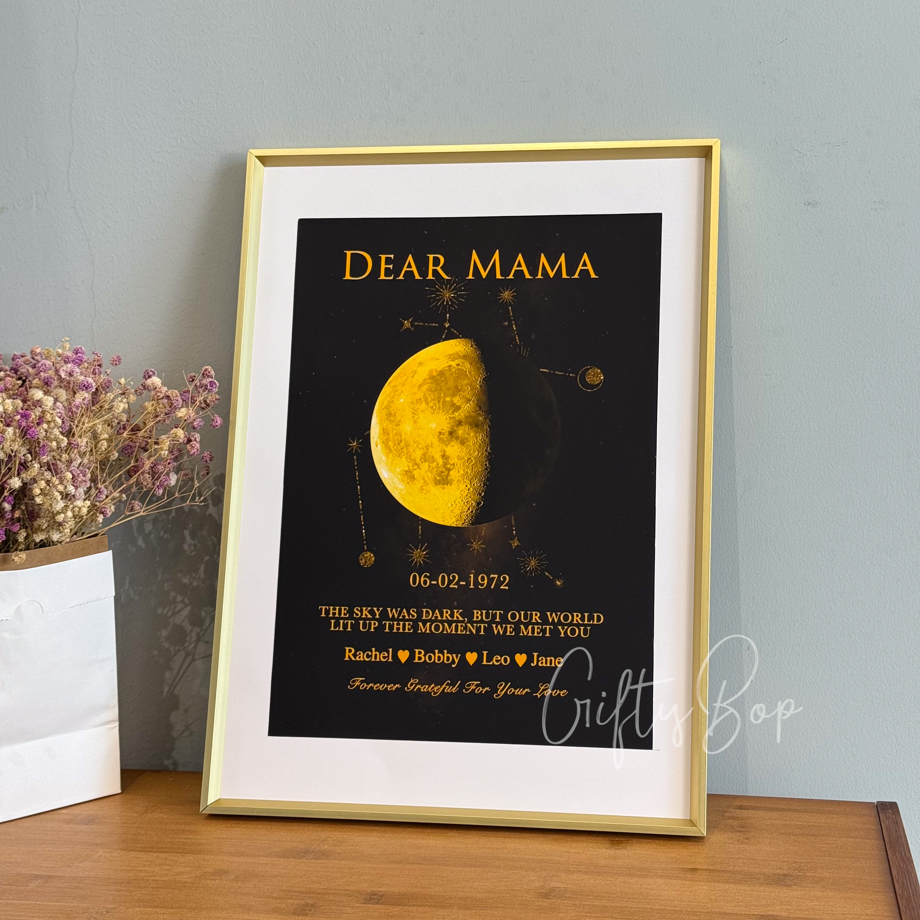 "Written in the Stars" Custom Moon Phase & Zodiac Framed Art | Personalized Names Birthday Zodiac Gift For Mother's Day