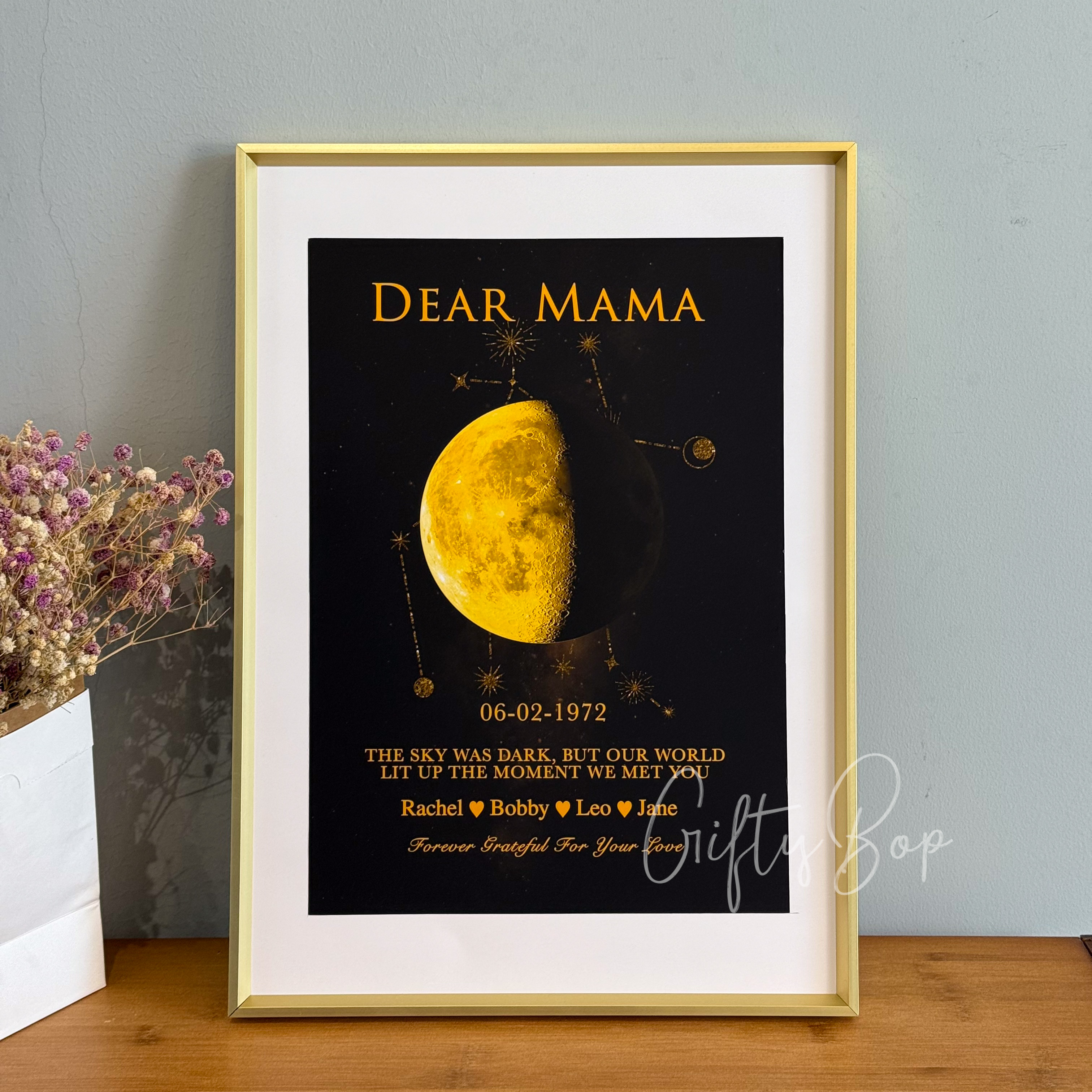 "Written in the Stars" Custom Moon Phase & Zodiac Framed Art | Personalized Names Birthday Zodiac Gift For Mother's Day