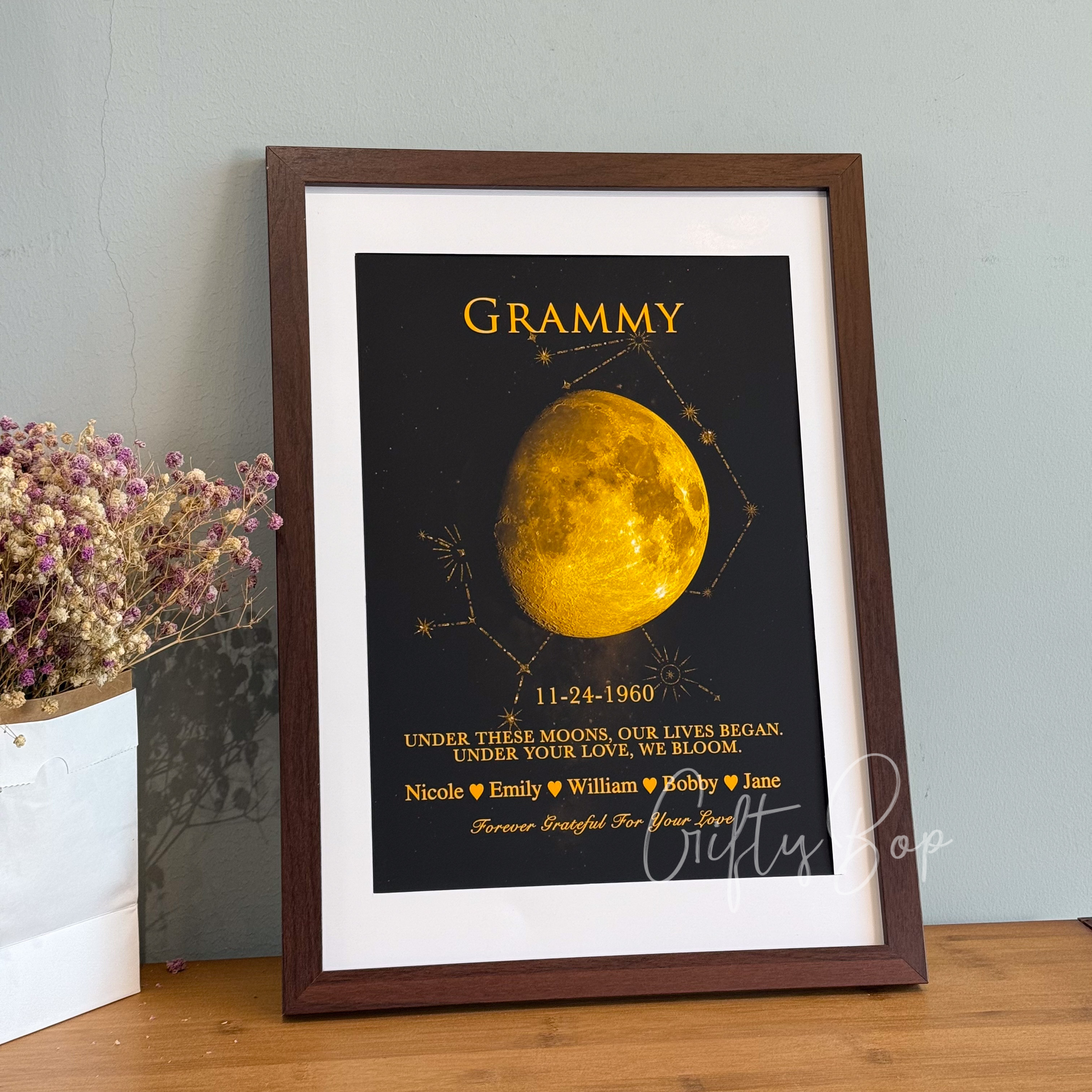 "Written in the Stars" Custom Moon Phase & Zodiac Framed Art | Personalized Names Birthday Zodiac Gift For Mother's Day