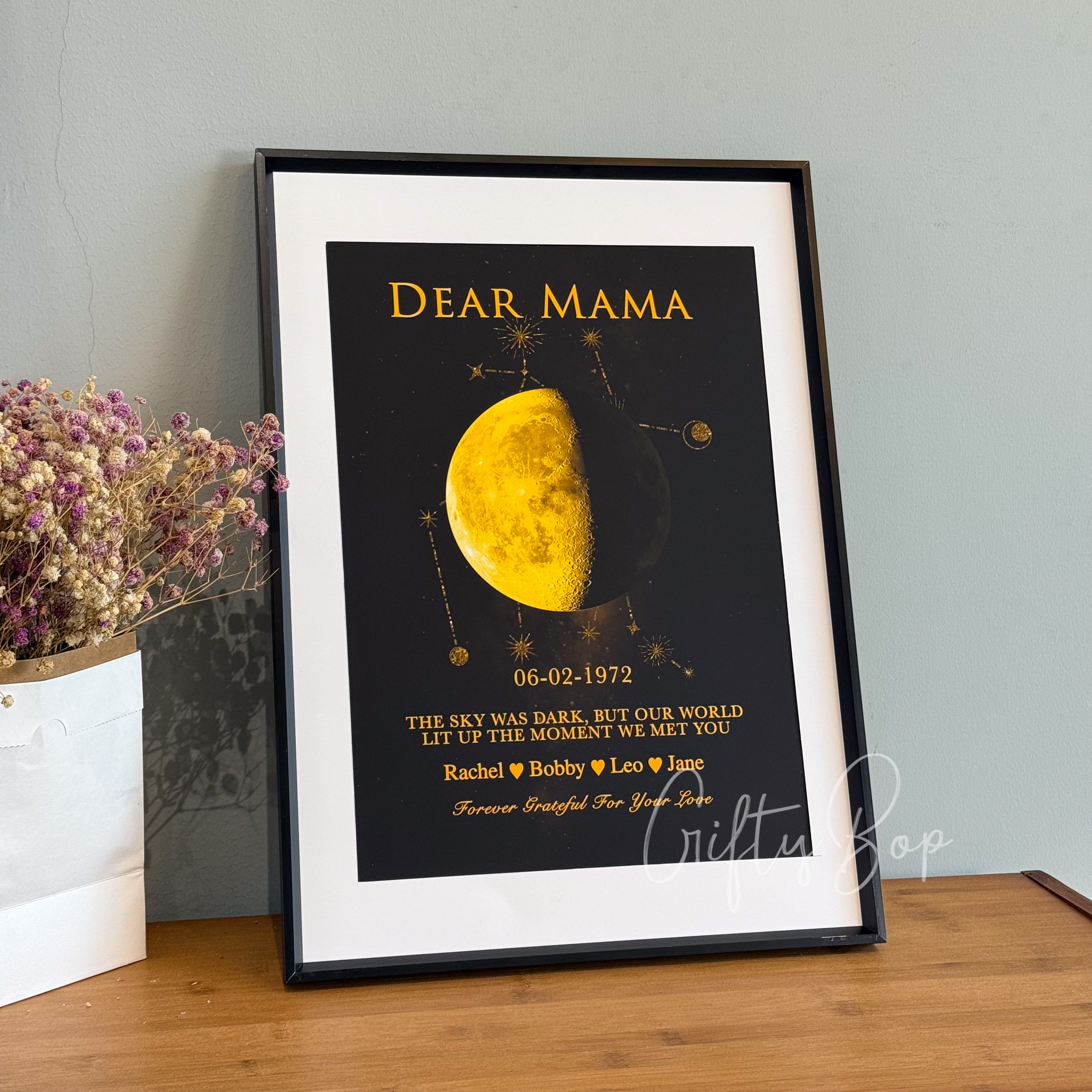"Written in the Stars" Custom Moon Phase & Zodiac Framed Art | Personalized Names Birthday Zodiac Gift For Mother's Day