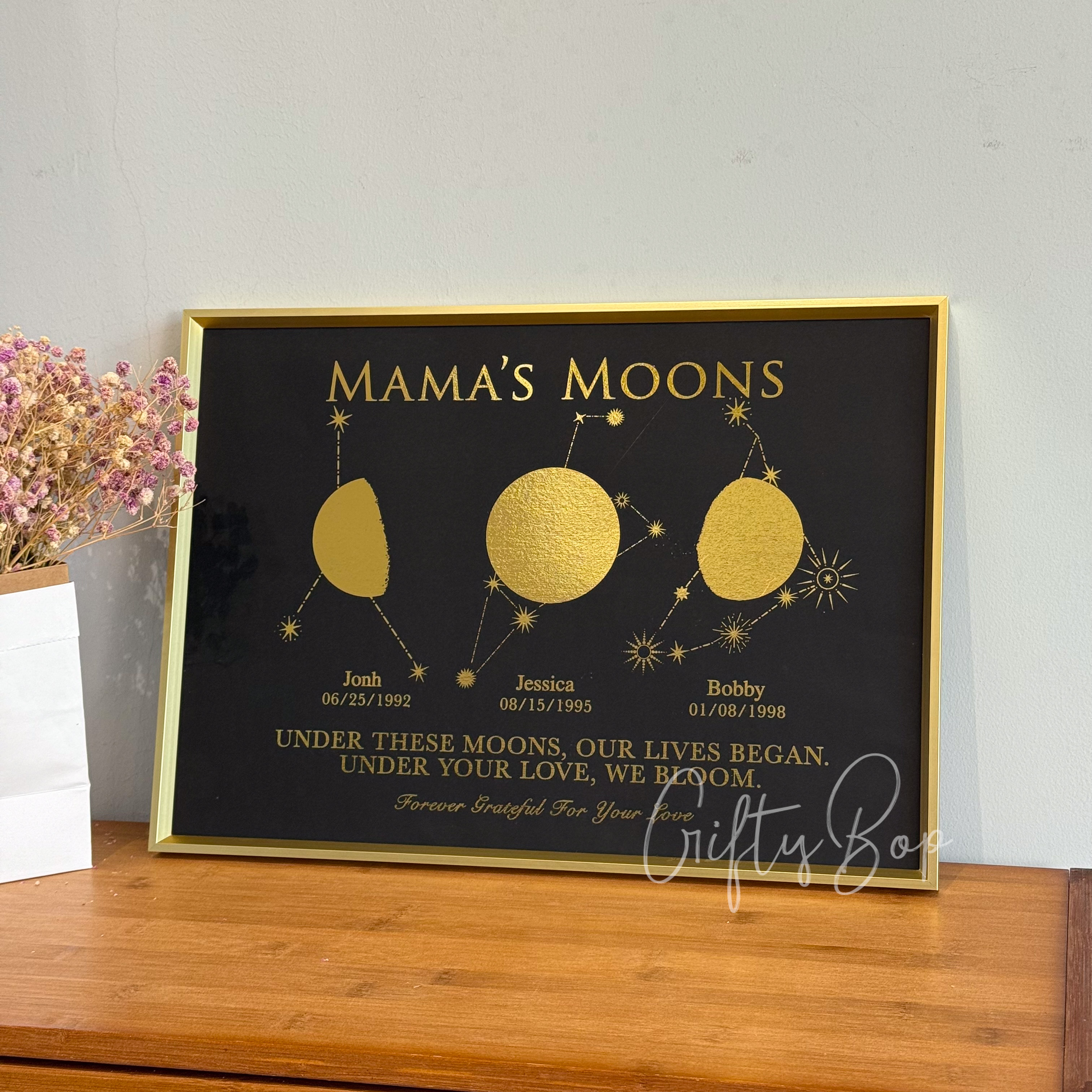 "Mama's Moons" Custom Gold Foil Multi-Moon Phase Art | Personalized Family Birth Moon Framed Print