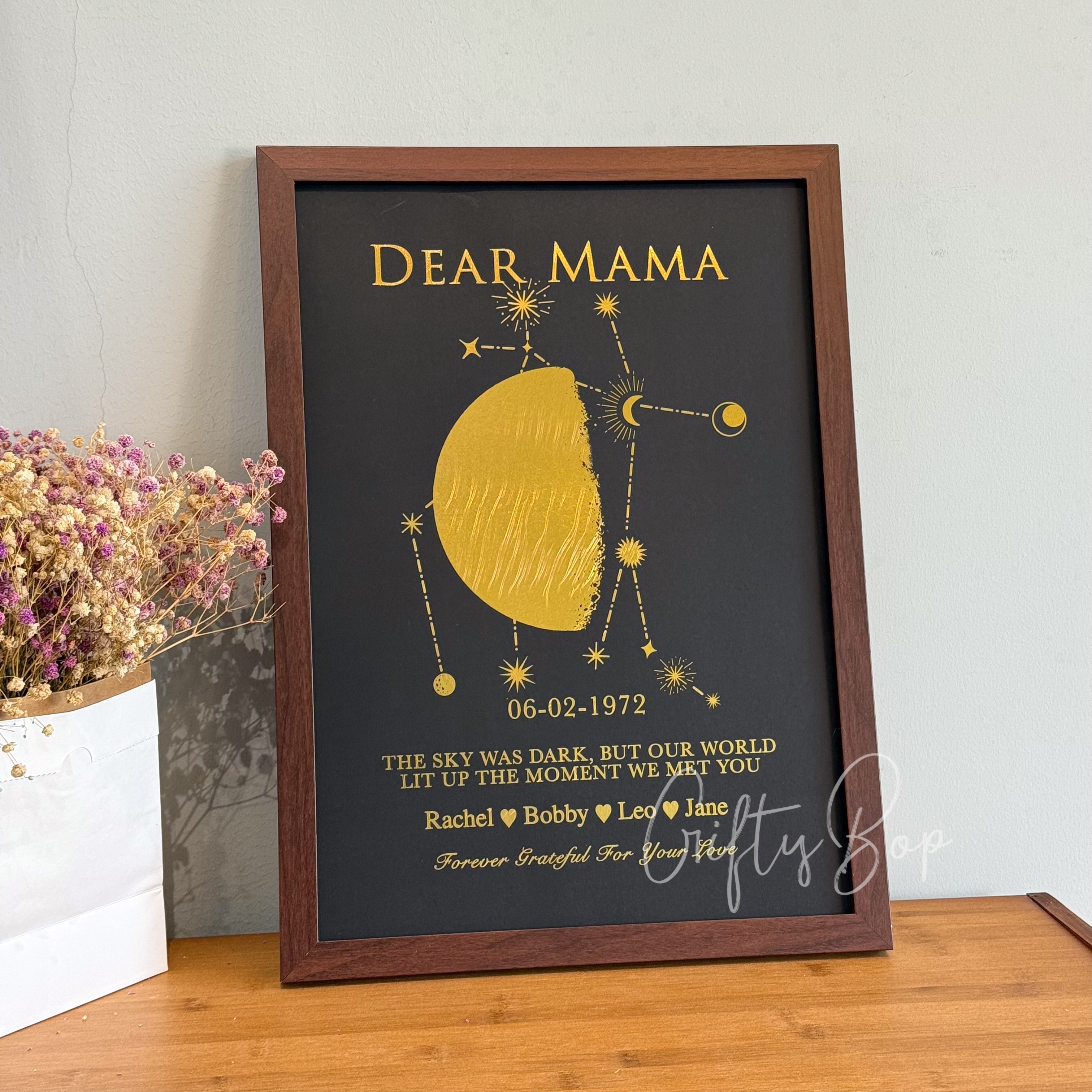 Custom Gold Foil Special Date Moon Phase Art | Personalized Framed Print with Family Names