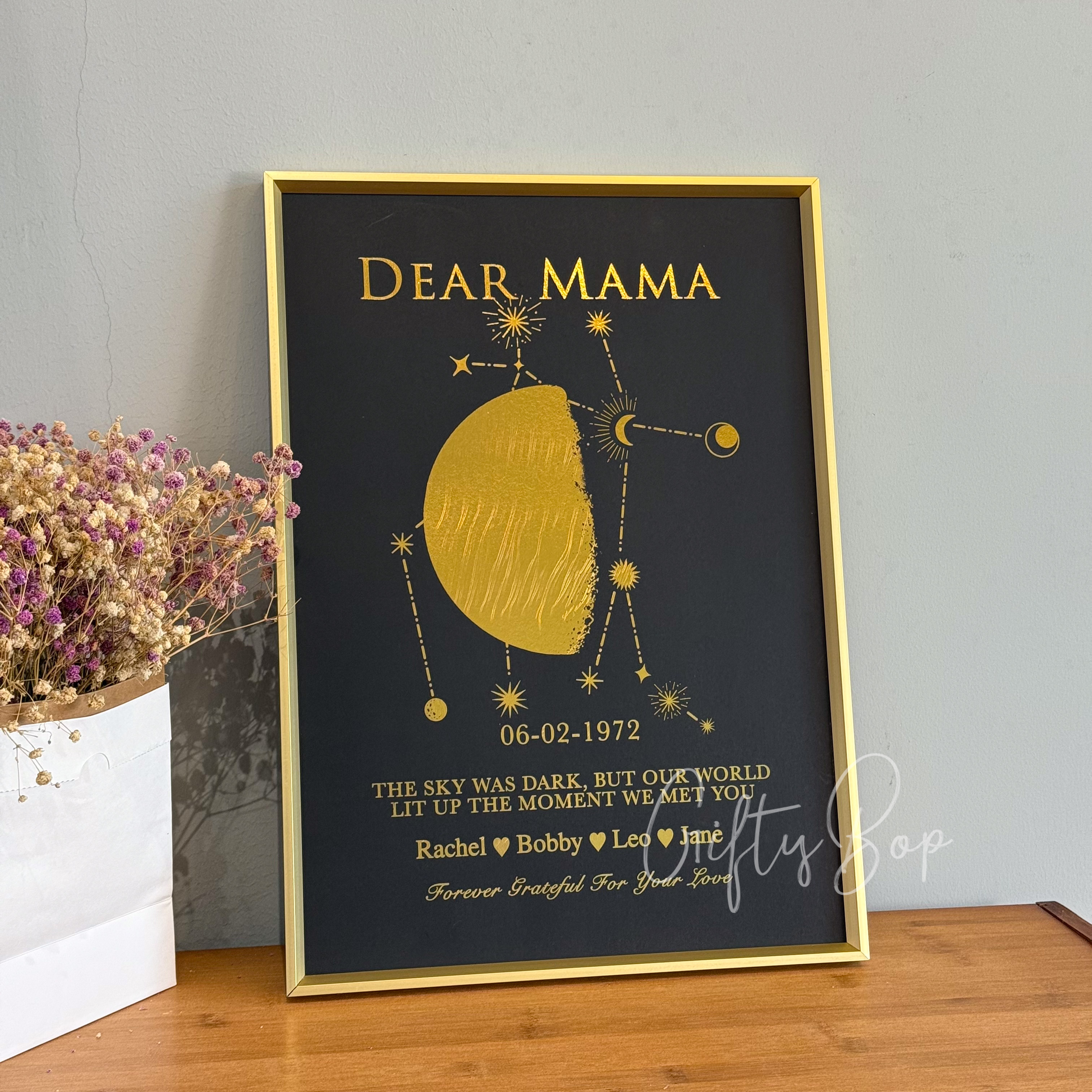 Custom Gold Foil Special Date Moon Phase Art | Personalized Framed Print with Family Names