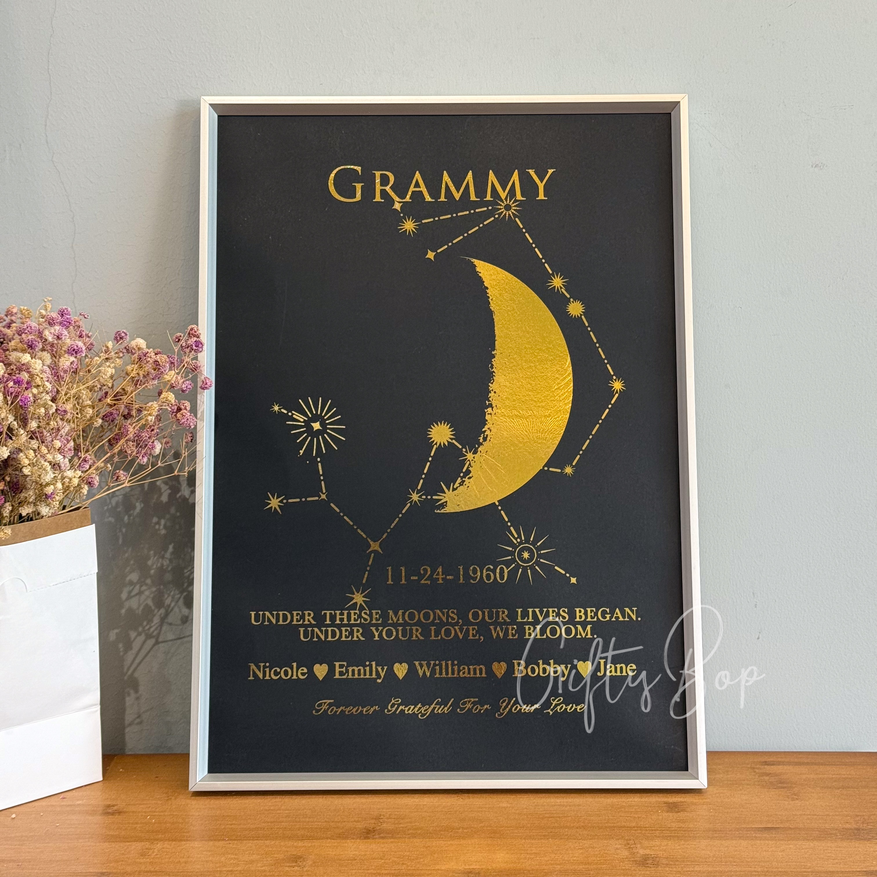 Custom Gold Foil Special Date Moon Phase Art | Personalized Framed Print with Family Names
