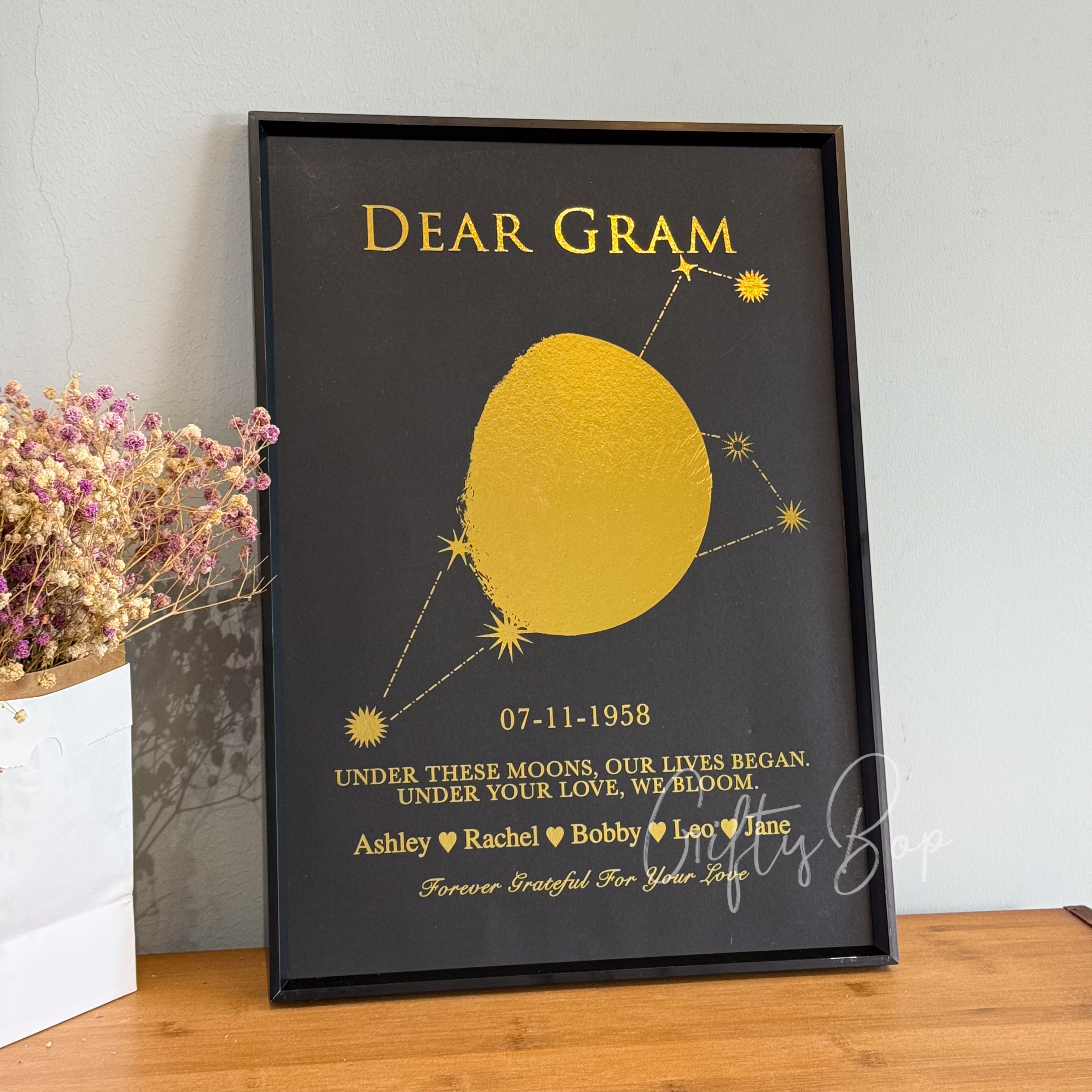 Custom Gold Foil Special Date Moon Phase Art | Personalized Framed Print with Family Names