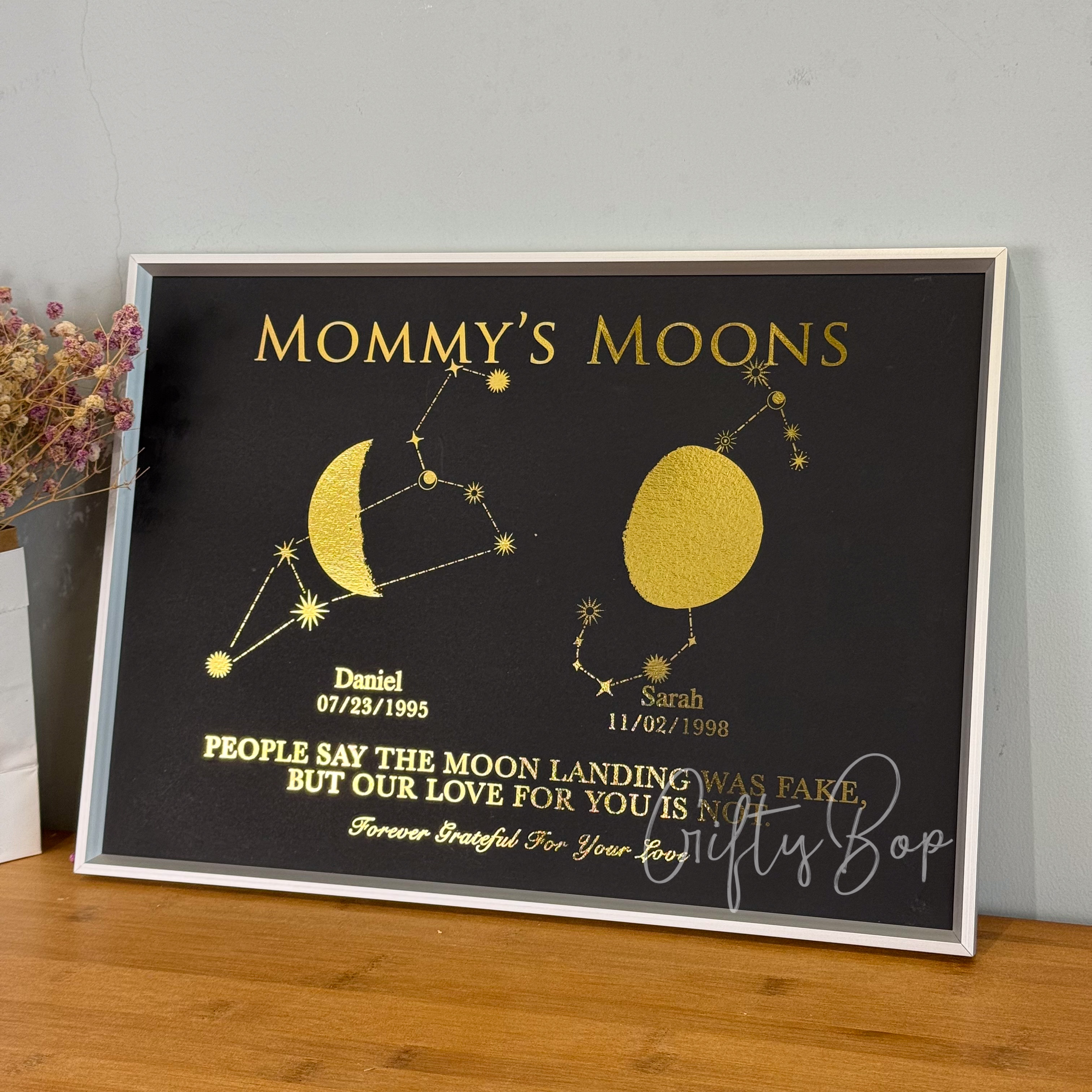 "Mama's Moons" Custom Gold Foil Multi-Moon Phase Art | Personalized Family Birth Moon Framed Print