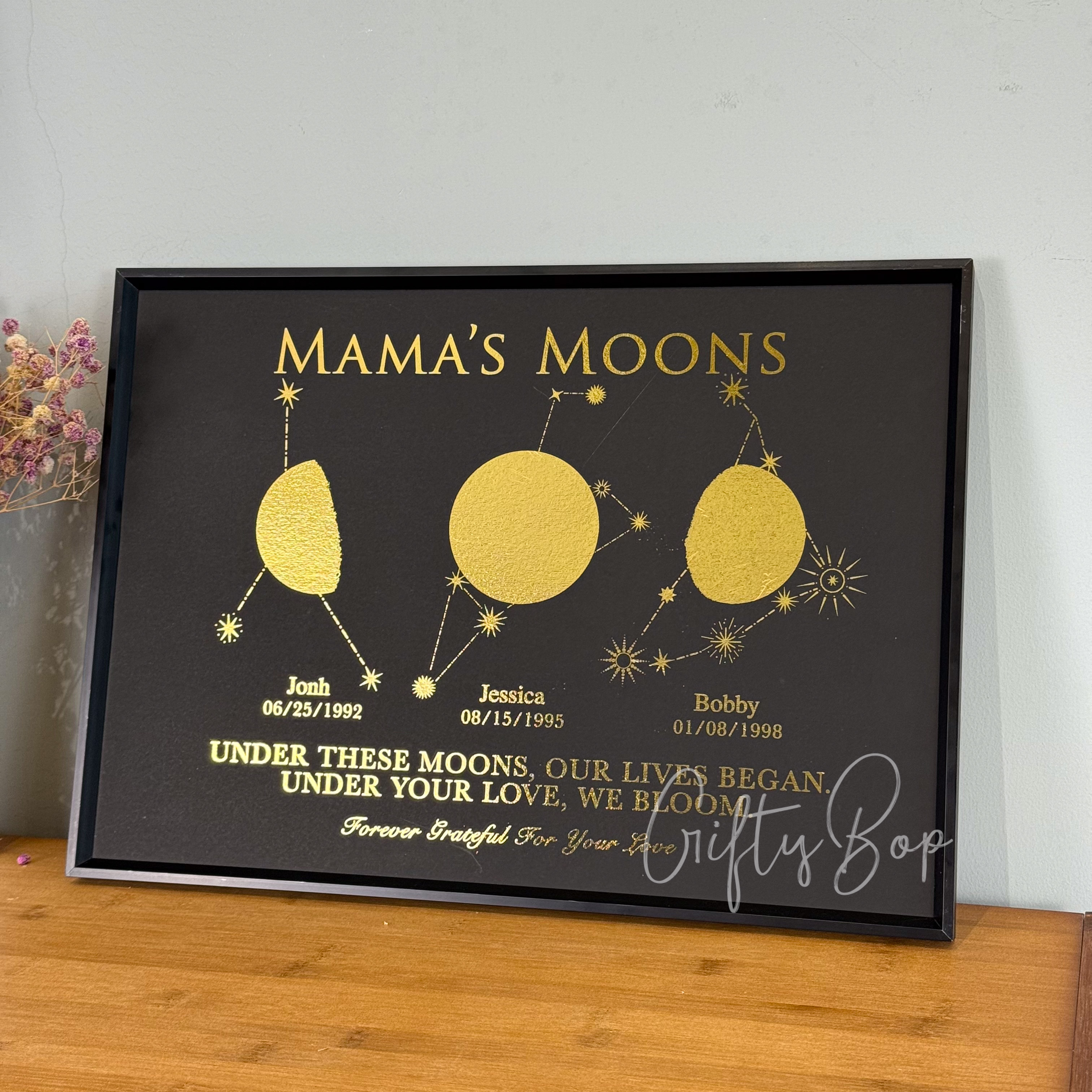 "Mama's Moons" Custom Gold Foil Multi-Moon Phase Art | Personalized Family Birth Moon Framed Print