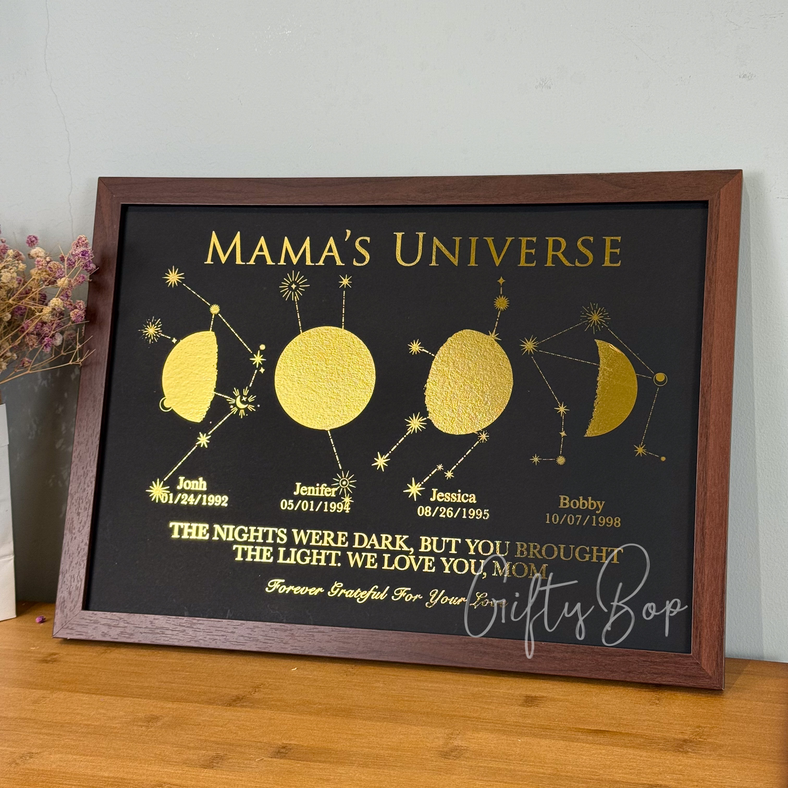 "Mama's Moons" Custom Gold Foil Multi-Moon Phase Art | Personalized Family Birth Moon Framed Print