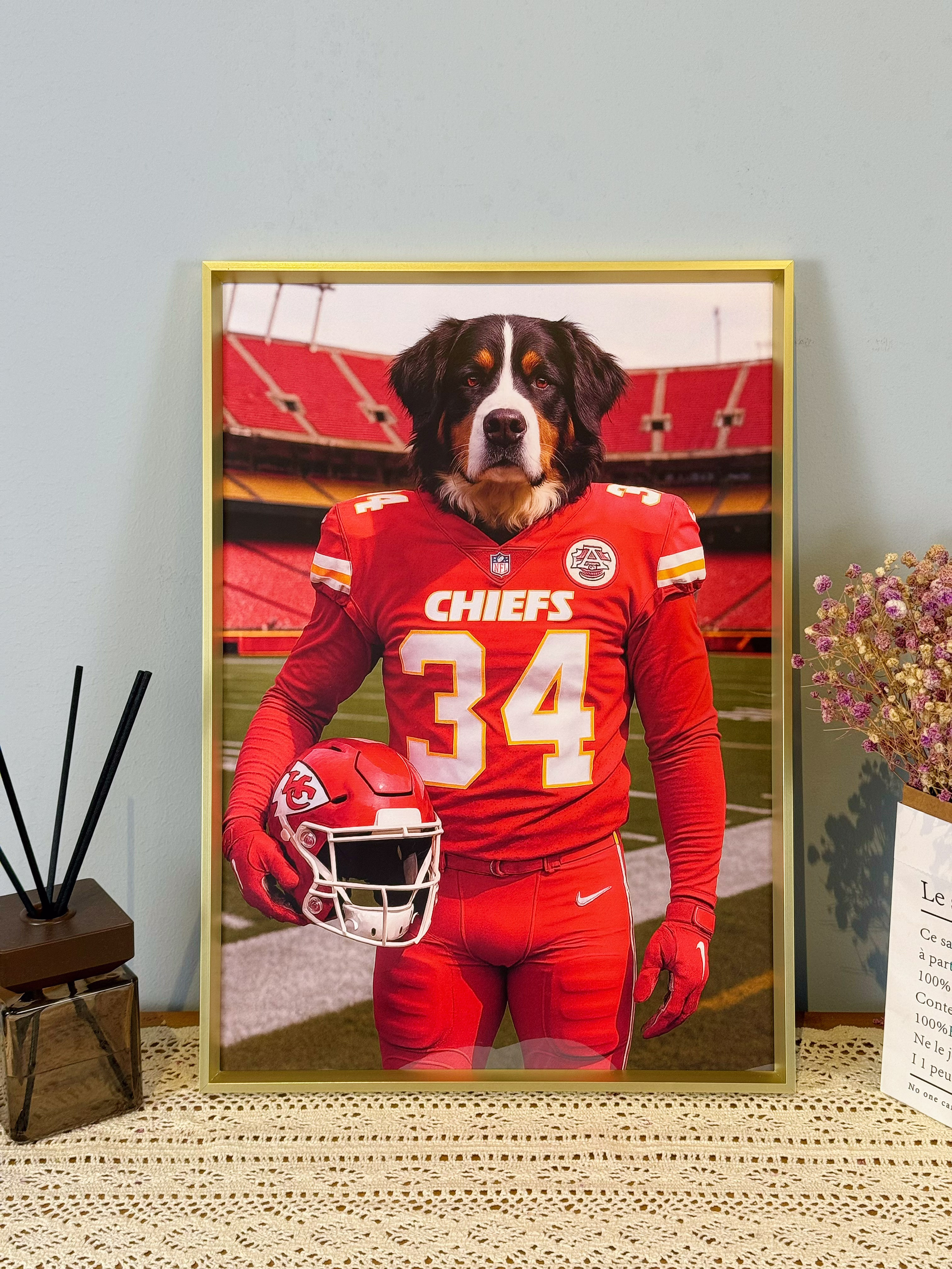 🏈Custom American Football Pet Portrait Frame – Artist Hand-Designed Decorative Wall Art 🐾