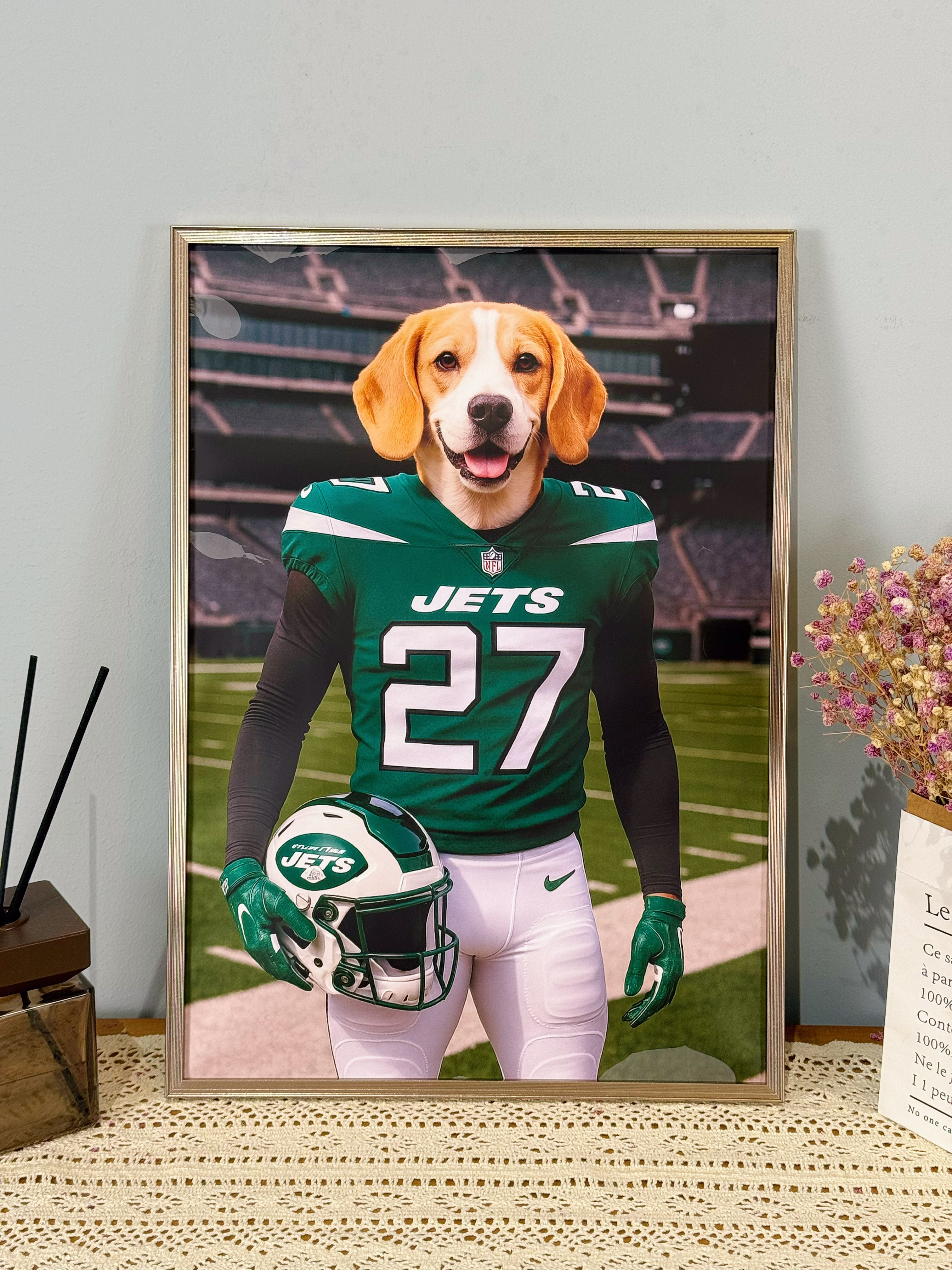 🏈Custom American Football Pet Portrait Frame – Artist Hand-Designed Decorative Wall Art 🐾