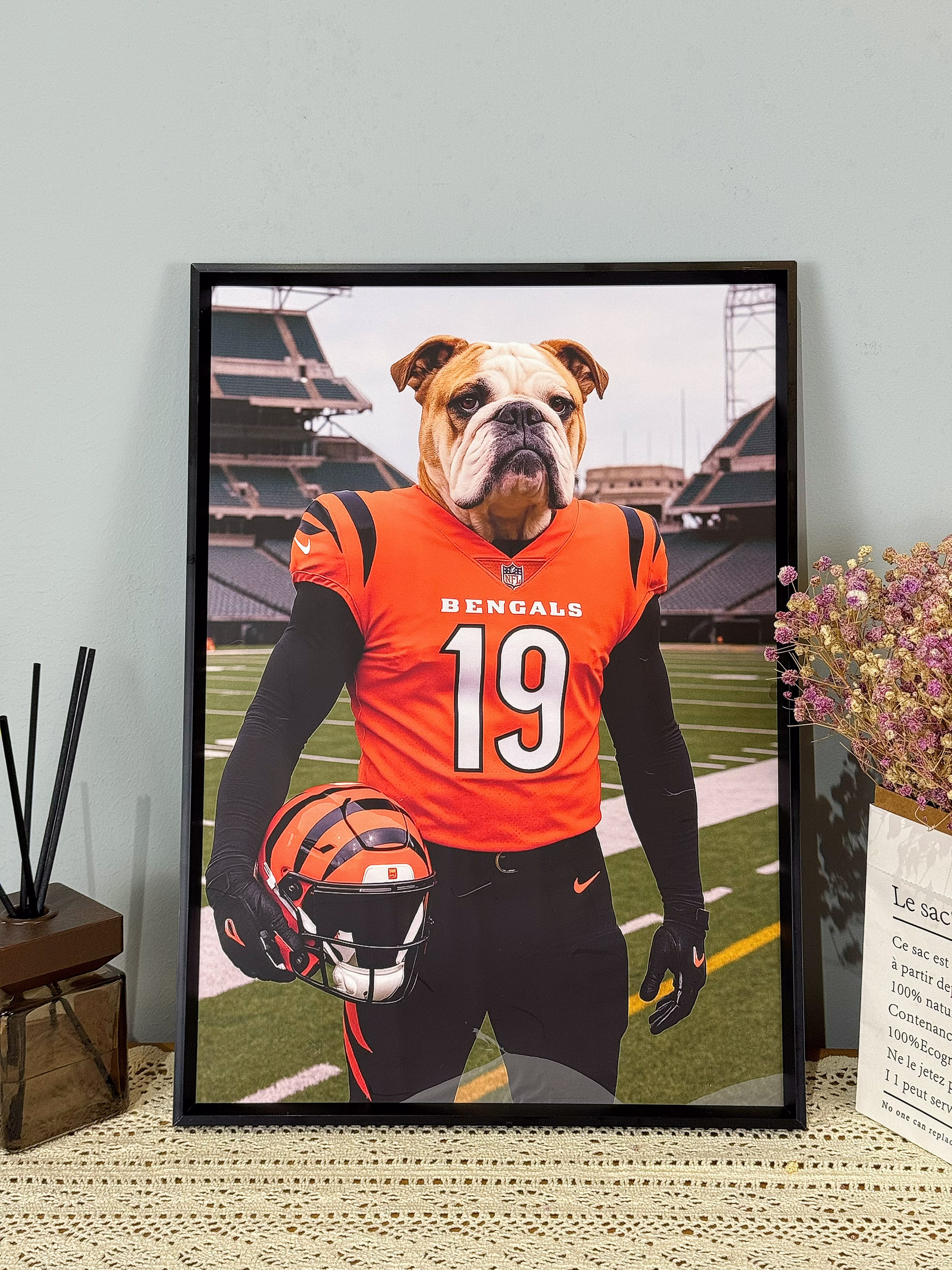 🏈Custom American Football Pet Portrait Frame – Artist Hand-Designed Decorative Wall Art 🐾