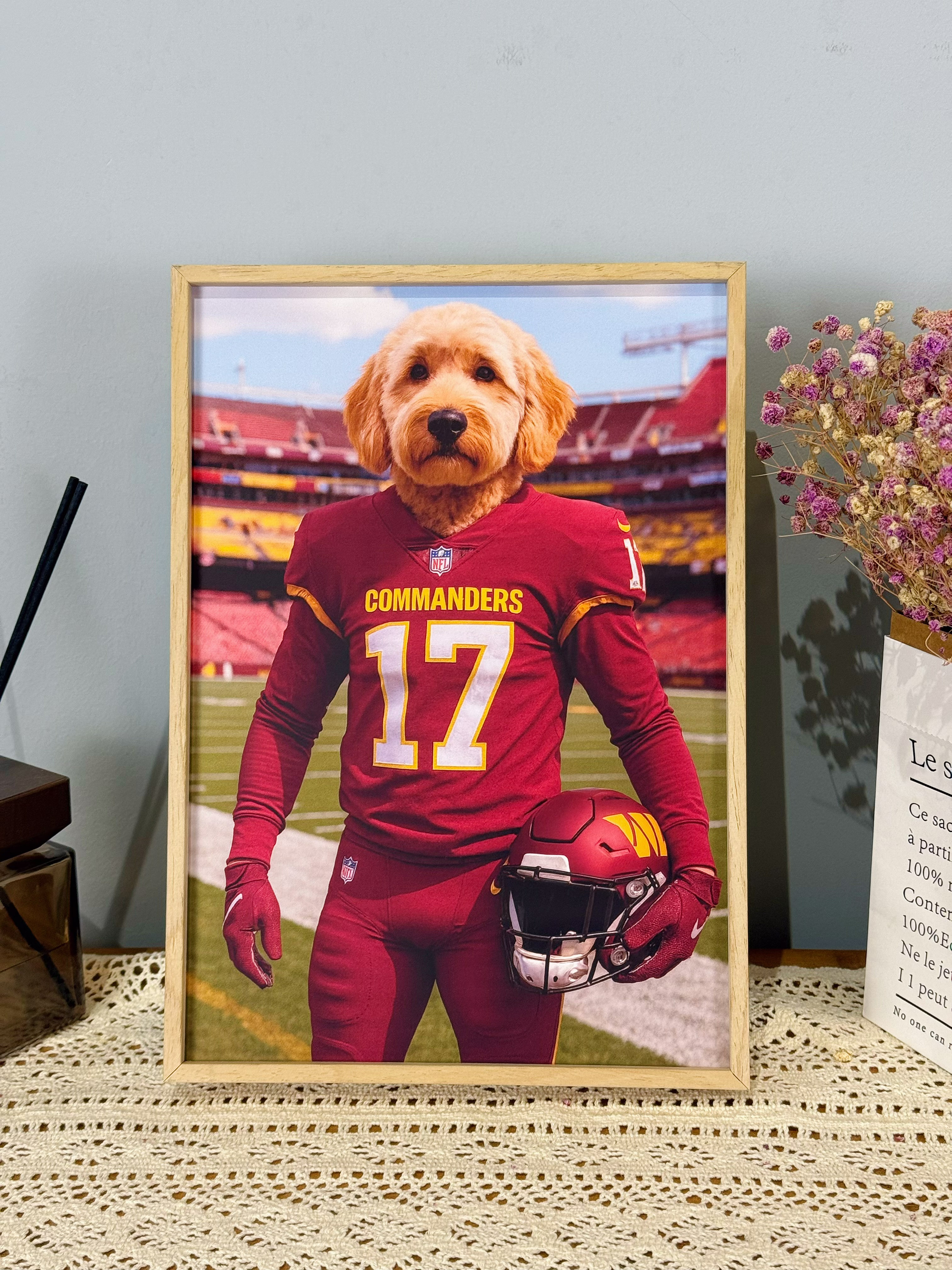 🏈Custom American Football Pet Portrait Frame – Artist Hand-Designed Decorative Wall Art 🐾