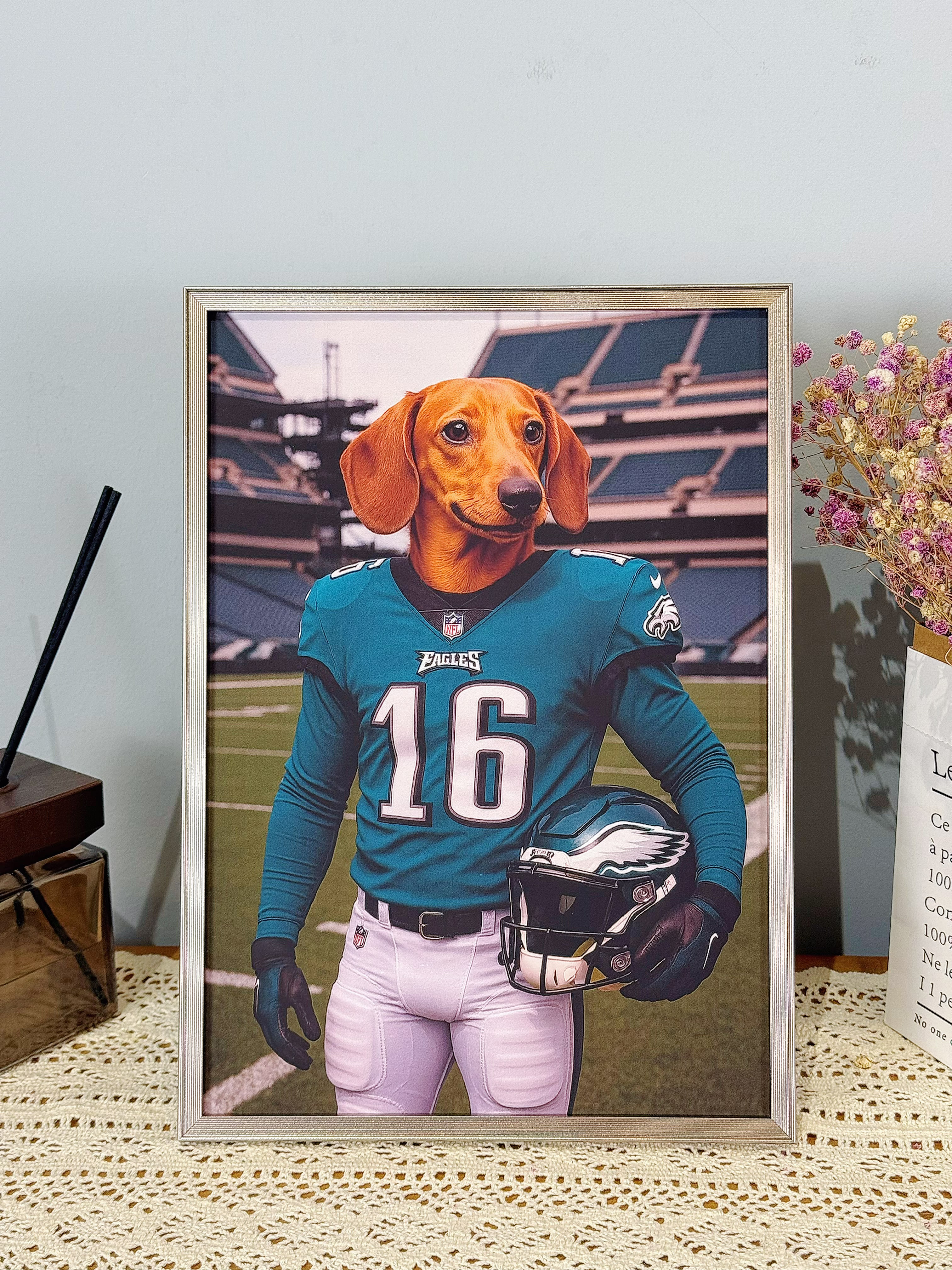 🏈Custom American Football Pet Portrait Frame – Artist Hand-Designed Decorative Wall Art 🐾