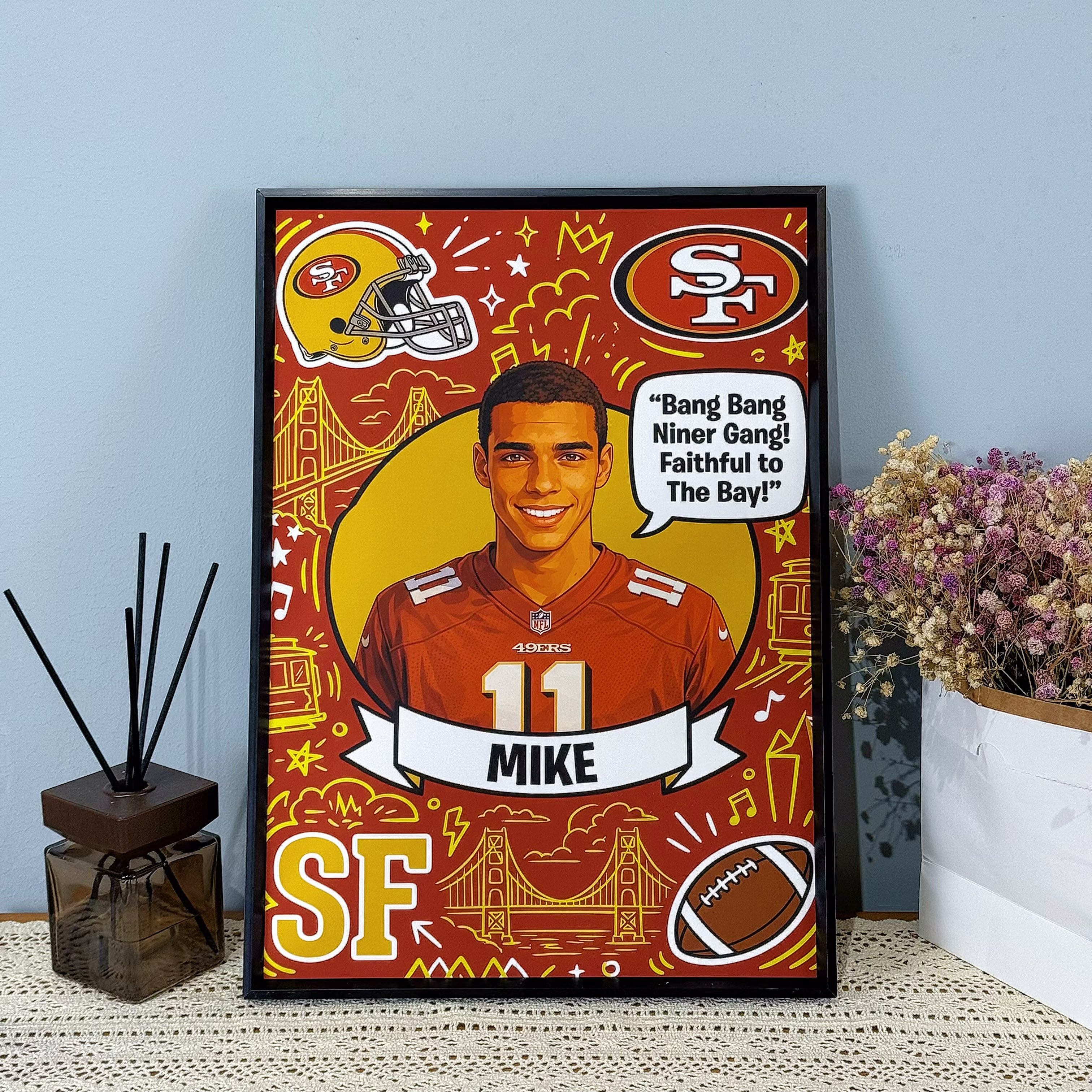 Custom American football-themed portrait frames and canvases – hand-painted decorative murals by the artist.