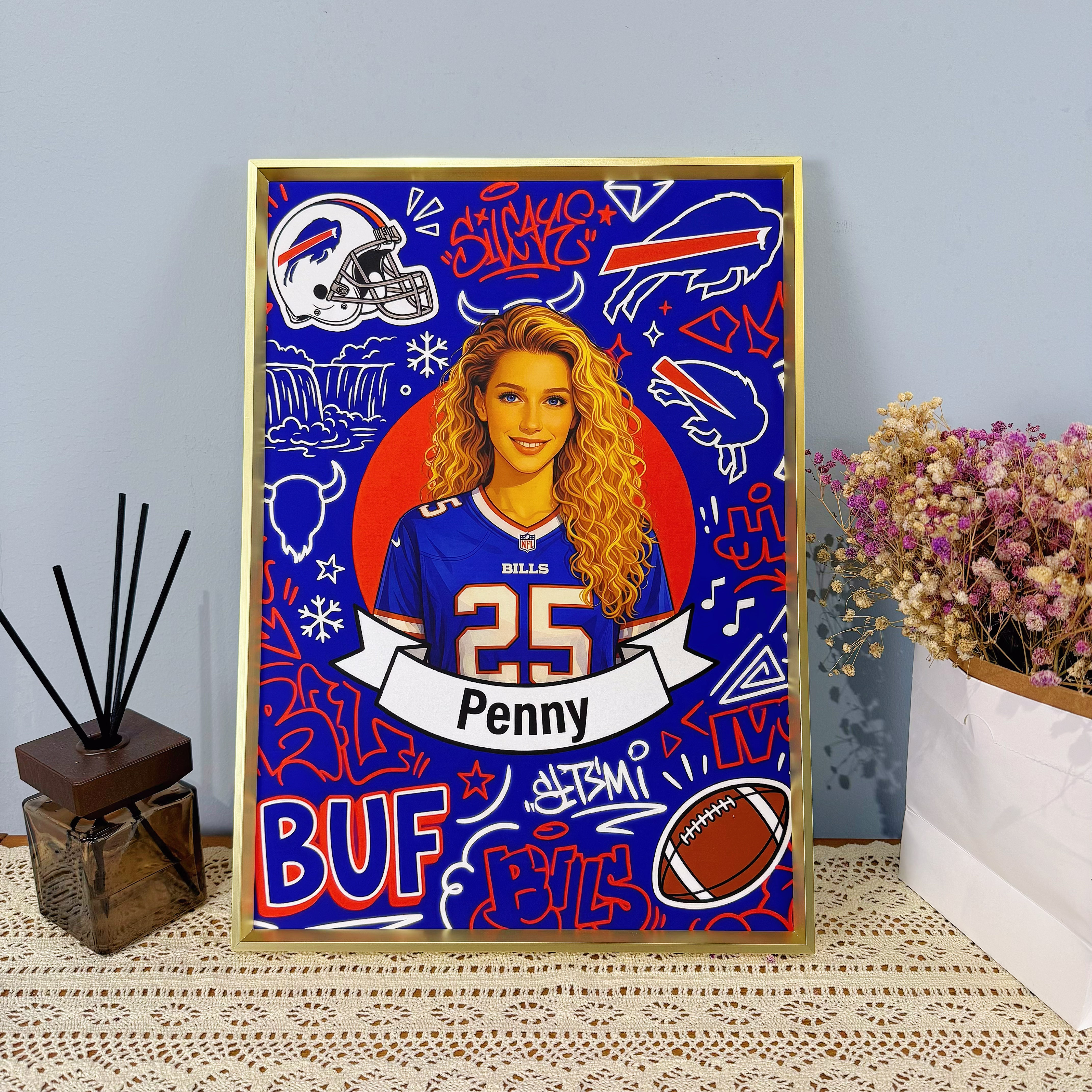Custom American football-themed portrait frames and canvases – hand-painted decorative murals by the artist.