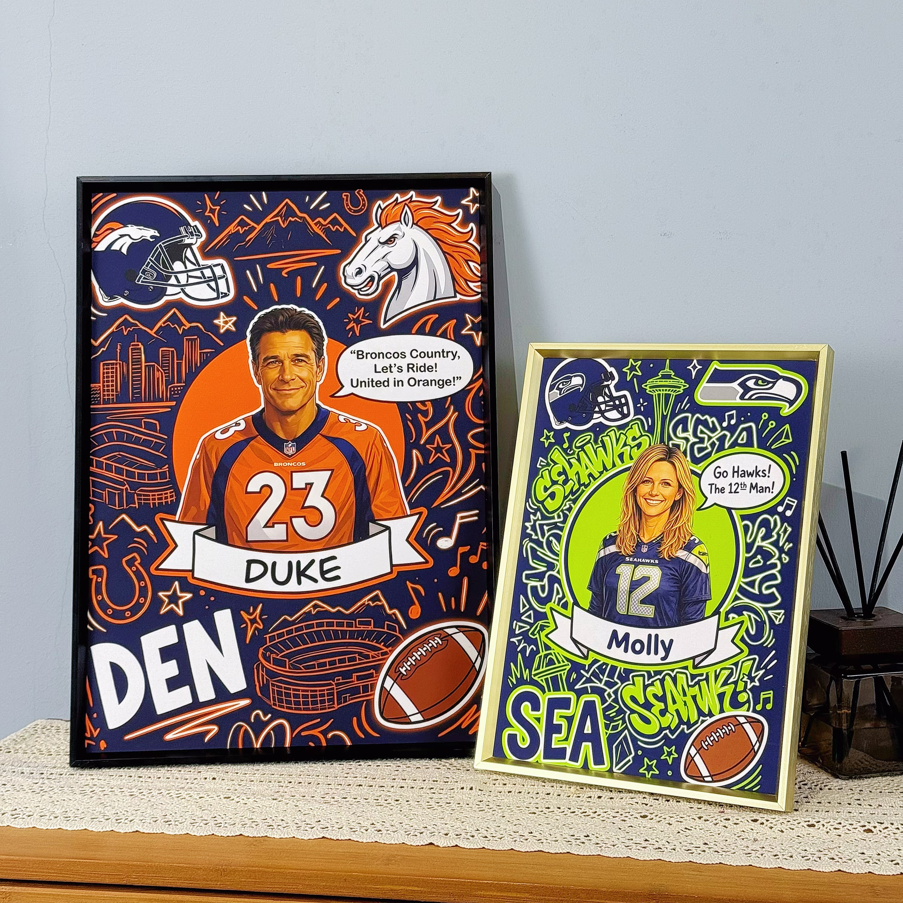 Custom American football-themed portrait frames and canvases – hand-painted decorative murals by the artist.
